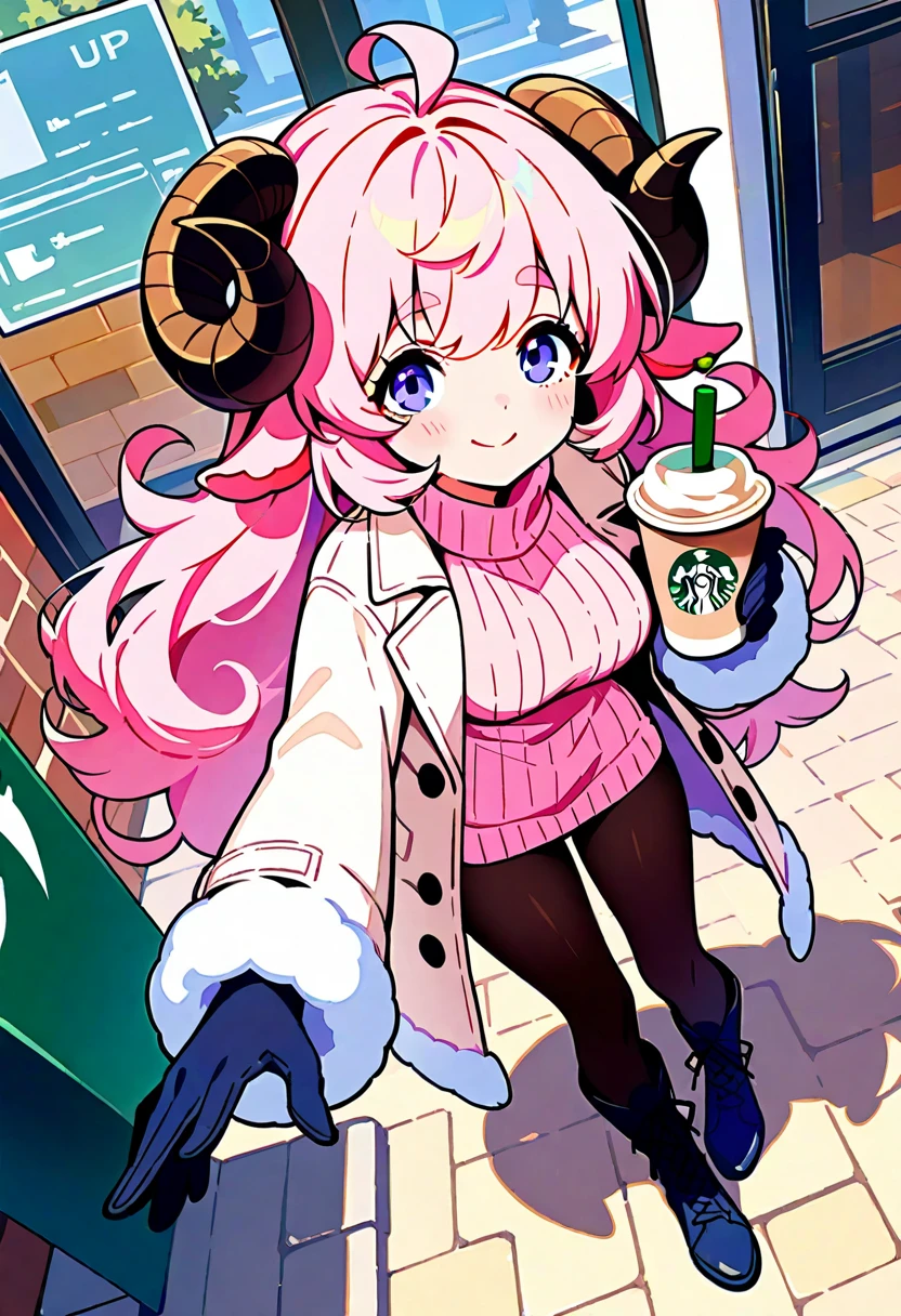 (UHD, best quality,  highres icon), 1girl,  long pink fluffy hair \ Fluffy Long Hair, Sheep&#39;s round horns, Thick eyebrows, smile, I'm looking up at Fluffy Wool Coat , pink vertical stripe sweater,  black tights , Big gloves, Lace-up boots BREAK Starbucks, coffee, coffeeを飲んでいる, Bitter face, Winter Town ,  walking around town 