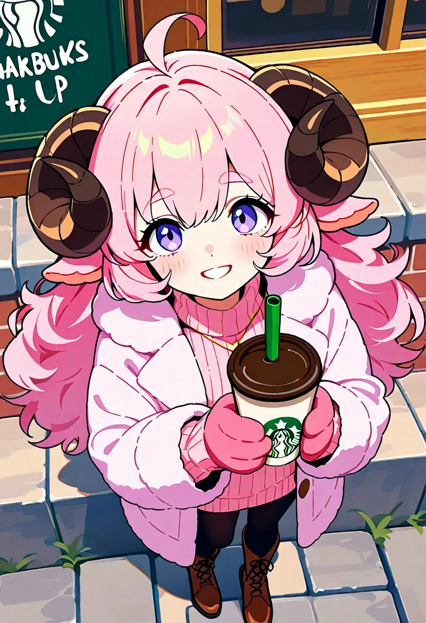 (UHD, best quality,  highres icon), 1girl,  long pink fluffy hair \ Fluffy Long Hair, Sheep&#39;s round horns, Thick eyebrows, smile, I'm looking up at Fluffy Wool Coat , pink vertical stripe sweater,  black tights , Big gloves, Lace-up boots BREAK Starbucks, coffee, coffeeを飲んでいる, Bitter face, Winter Town ,  walking around town 