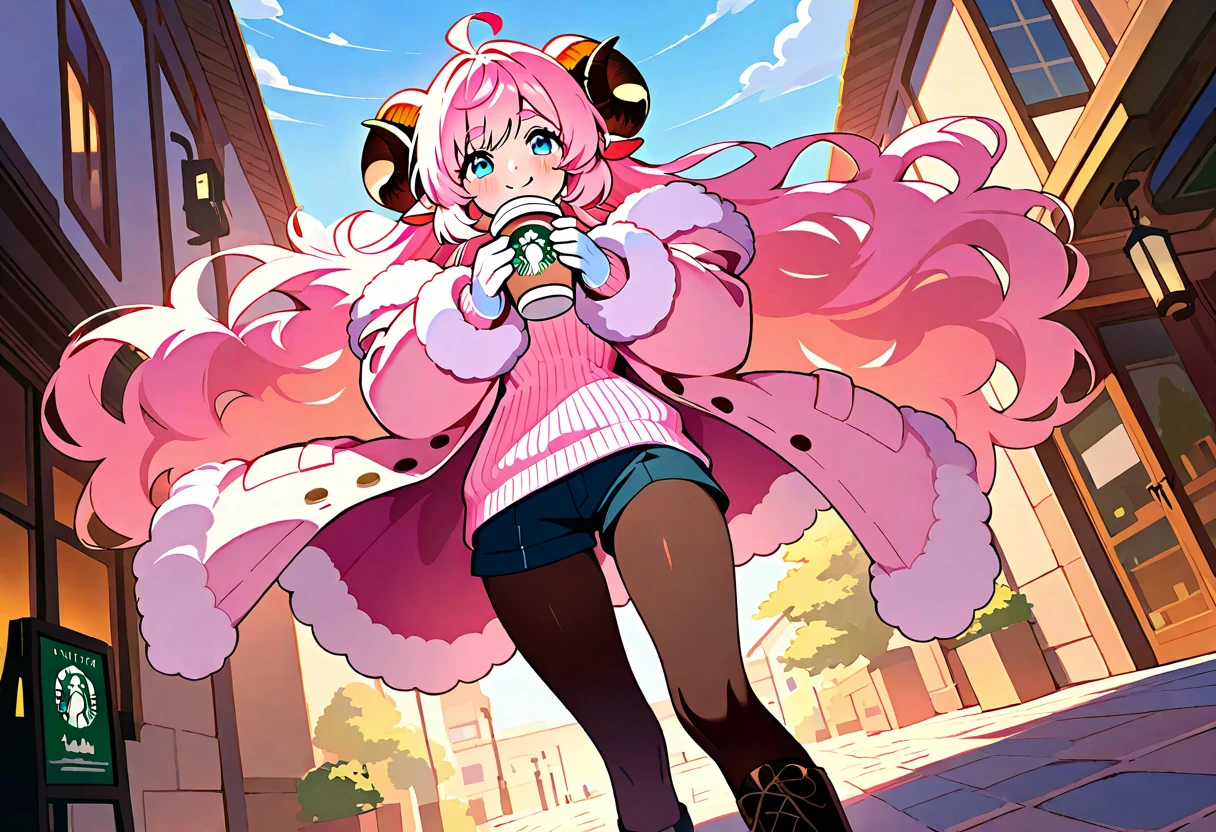 (UHD, best quality,  highres icon), 1girl,  long pink fluffy hair \ Fluffy Long Hair, Sheep&#39;s round horns, Thick eyebrows, smile, I'm looking up at Fluffy Wool Coat , pink vertical stripe sweater,  black tights , Big gloves, Lace-up boots BREAK Starbucks, coffee, coffeeを飲んでいる, Bitter face, Winter Town ,  walking around town 