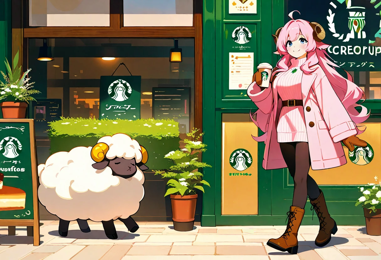 (UHD, best quality,  highres icon), 1girl,  long pink fluffy hair \ Fluffy Long Hair, Sheep&#39;s round horns, Thick eyebrows, smile, I'm looking up at Fluffy Wool Coat , pink vertical stripe sweater,  black tights , Big gloves, Lace-up boots BREAK Starbucks, coffee, coffeeを飲んでいる, Bitter face, Winter Town ,  walking around town 