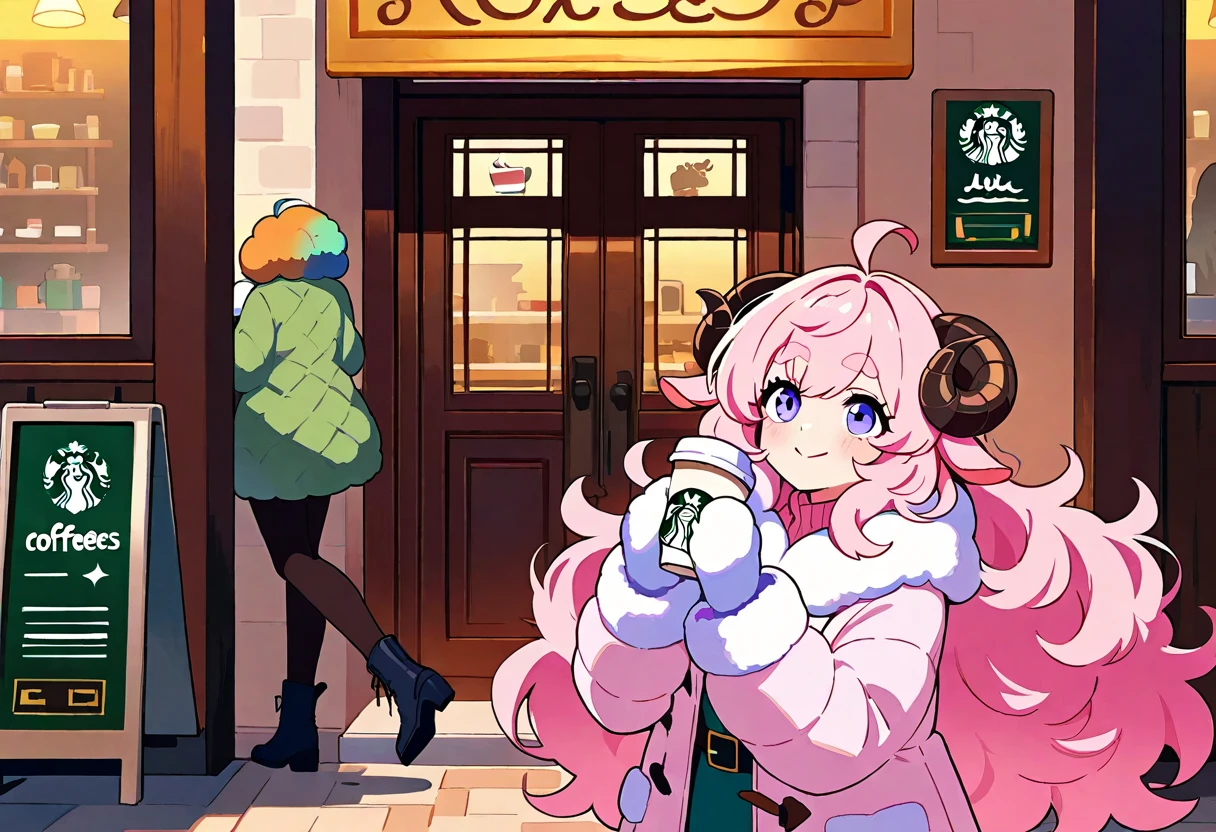 (UHD, best quality,  highres icon), 1girl,  long pink fluffy hair \ Fluffy Long Hair, Sheep&#39;s round horns, Thick eyebrows, smile, I'm looking up at Fluffy Wool Coat , pink vertical stripe sweater,  black tights , Big gloves, Lace-up boots BREAK Starbucks, coffee, coffeeを飲んでいる, Bitter face, Winter Town ,  walking around town 