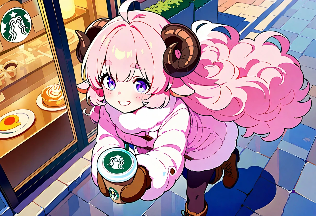 (UHD, best quality,  highres icon), 1girl,  long pink fluffy hair \ Fluffy Long Hair, Sheep&#39;s round horns, Thick eyebrows, smile, I'm looking up at Fluffy Wool Coat , pink vertical stripe sweater,  black tights , Big gloves, Lace-up boots BREAK Starbucks, coffee, coffeeを飲んでいる, Bitter face, Winter Town ,  walking around town 