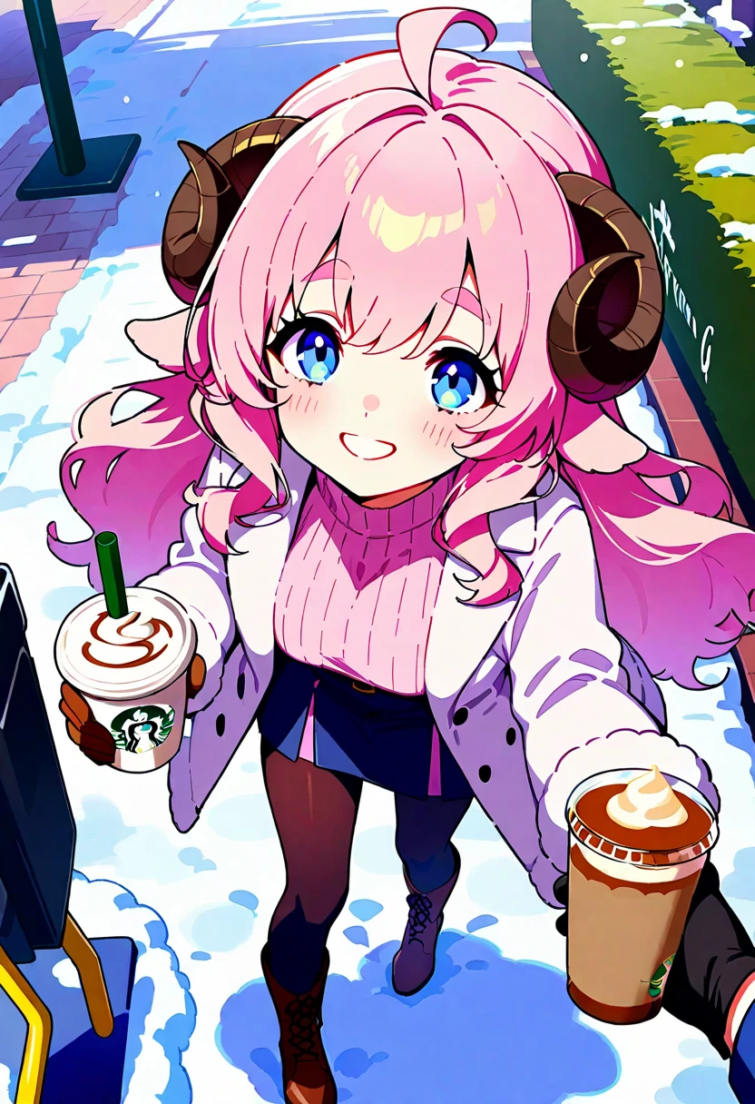 (UHD, best quality,  highres icon), 1girl,  long pink fluffy hair pulling a sled\ Fluffy Long Hair, Sheep&#39;s round horns, Thick eyebrows, smile, I'm looking up at Fluffy Wool Coat , pink vertical stripe sweater,  black tights , Big gloves, Lace-up boots BREAK Starbucks, coffee, coffeeを飲んでいる, Bitter face, Winter Town ,  walking around town 