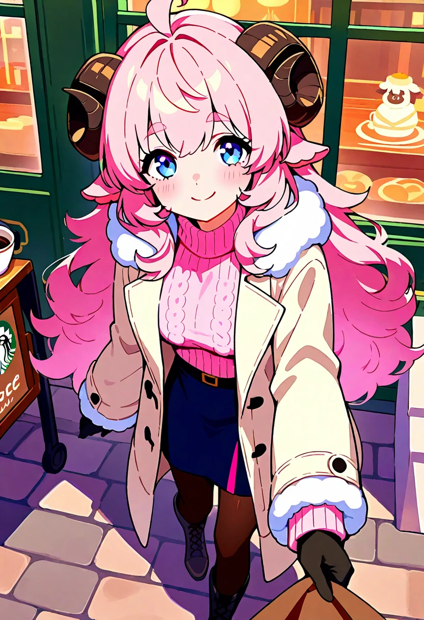 (UHD, best quality,  highres icon), 1girl,  long pink fluffy hair pulling a sled\ Fluffy Long Hair, Sheep&#39;s round horns, Thick eyebrows, smile, I'm looking up at Fluffy Wool Coat , pink vertical stripe sweater,  black tights , Big gloves, Lace-up boots BREAK Starbucks, coffee, coffeeを飲んでいる, Bitter face, Winter Town ,  walking around town 