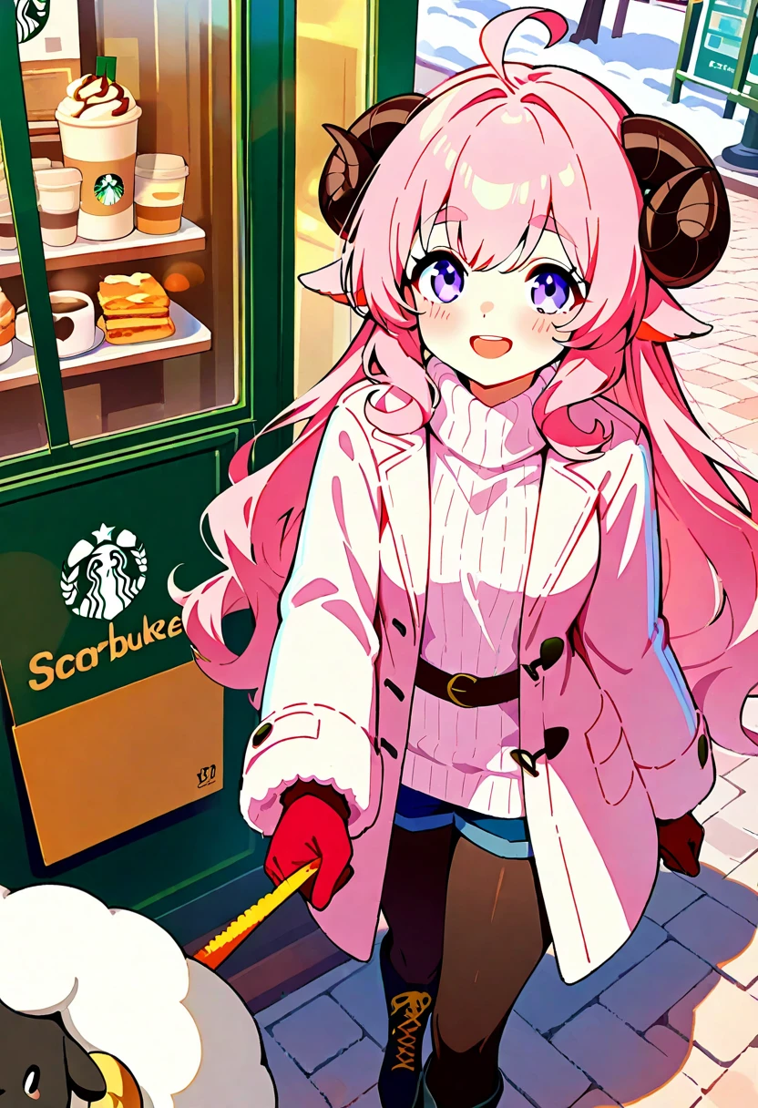 (UHD, best quality,  highres icon), 1girl,  long pink fluffy hair pulling a sled\ Fluffy Long Hair, Sheep&#39;s round horns, Thick eyebrows, smile, I'm looking up at Fluffy Wool Coat , pink vertical stripe sweater,  black tights , Big gloves, Lace-up boots BREAK Starbucks, coffee, coffeeを飲んでいる, Bitter face, Winter Town ,  walking around town 