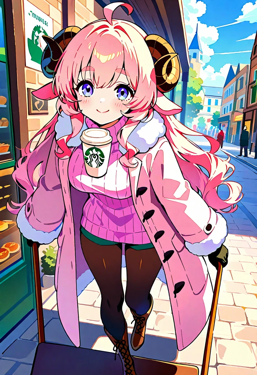 (UHD, best quality,  highres icon), 1girl,  long pink fluffy hair pulling a sled\ Fluffy Long Hair, Sheep&#39;s round horns, Thick eyebrows, smile, I'm looking up at Fluffy Wool Coat , pink vertical stripe sweater,  black tights , Big gloves, Lace-up boots BREAK Starbucks, coffee, coffeeを飲んでいる, Bitter face, Winter Town ,  walking around town 