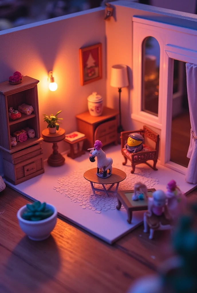 （Pixar style),A model of a cozy small room, miniature figure model, light source from right to left, Rumbrandt lighting, light source from right to left, (isometric view), (top-down), realistic scale, post-processing, ((orthogonal perspective)), super detail, realistic, super realistic, realistic render, rainbow color, glitter