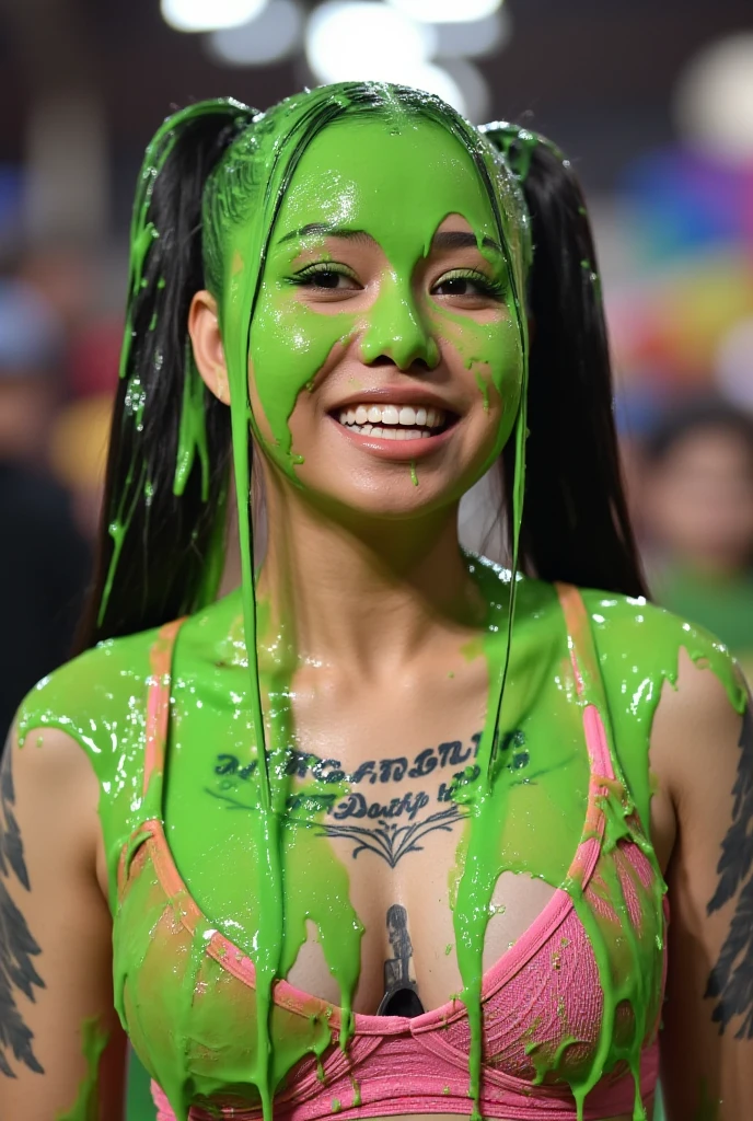 Tinker Bell, naked, lean, flying over the crowd od people in brazilian carnaval, transparent wings, smilling, crazy