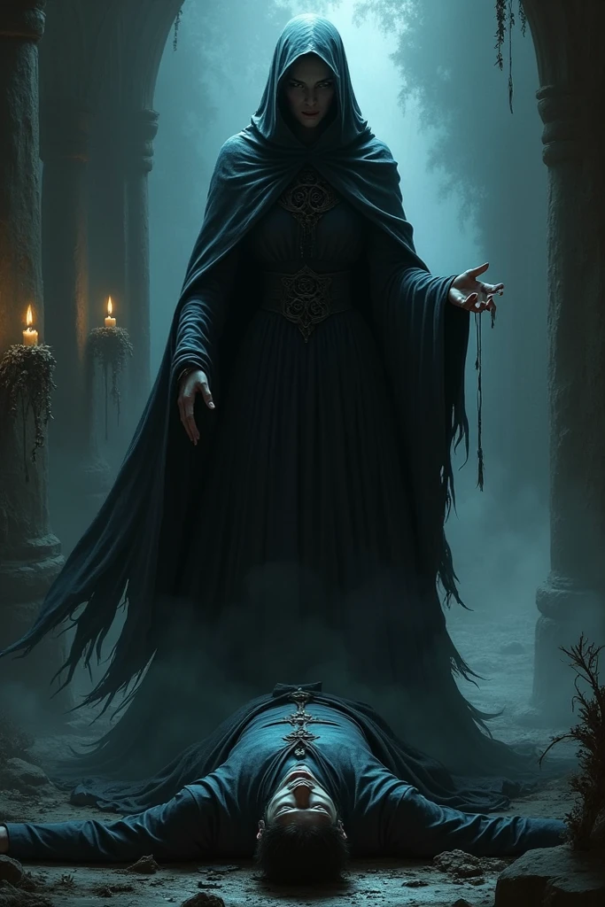 Output Prompt: Detailed portrait of a beautiful necromancer with glowing eyes, white robes flowing wedding dress, and intricate skull-shaped jewelry, casting powerful spells amidst a mystical graveyard; oil painting, high resolution, ultra detali, realistic lighting, dark and mysterious color palette, mysterious atmosphere