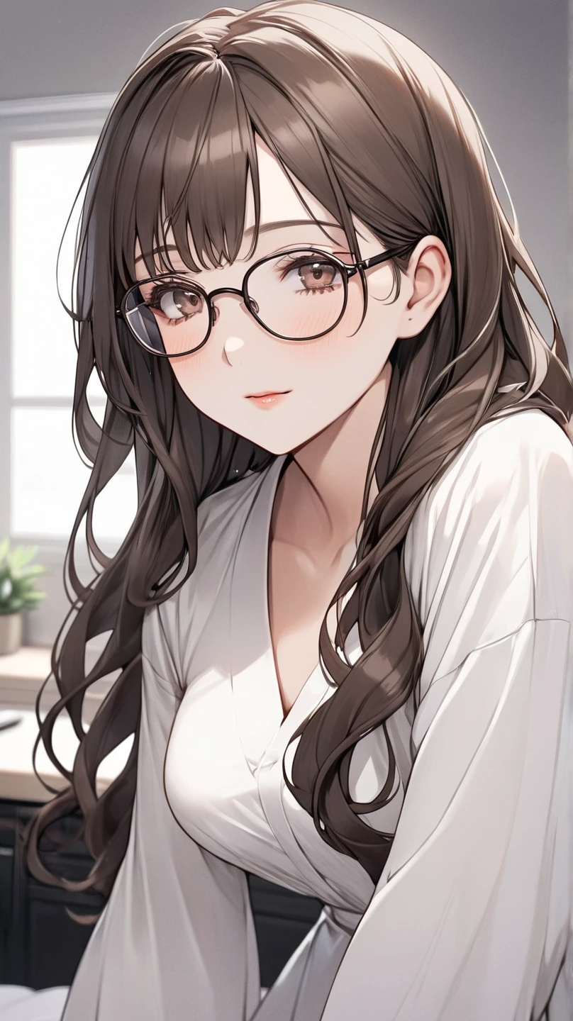 best quality, masterpiece, uncensored, 1girl, Ma6ie, brown eyes, tareme, brown hair, long hair, glasses, mature, white dress