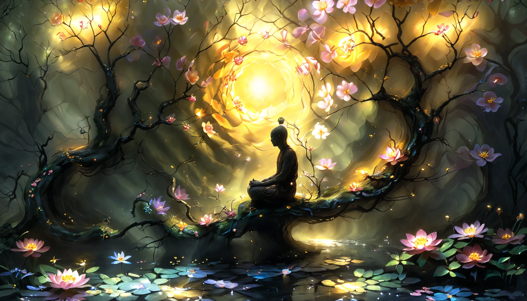 Artme, a painting of a single  sitting and meditating tibetan monk in the middle of a forest with flowers and a stream running through it, golden light, fantasy art, kinkade, Christophe Vacher,  