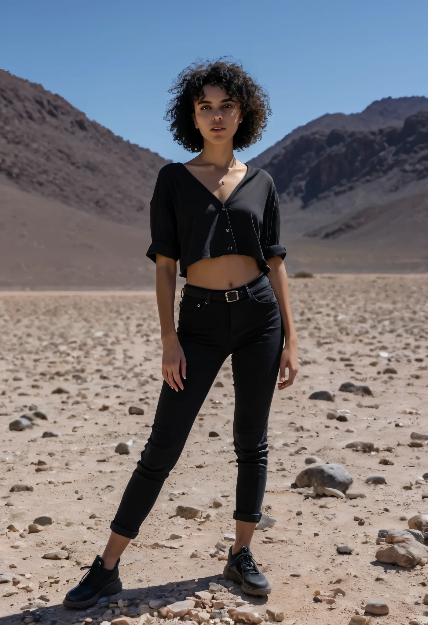 A girl with short black curly hair, completely behind the camera, with skinny limbs, small breasts and small hips and in black clothes, looks at rocks and mountains in a dry desert