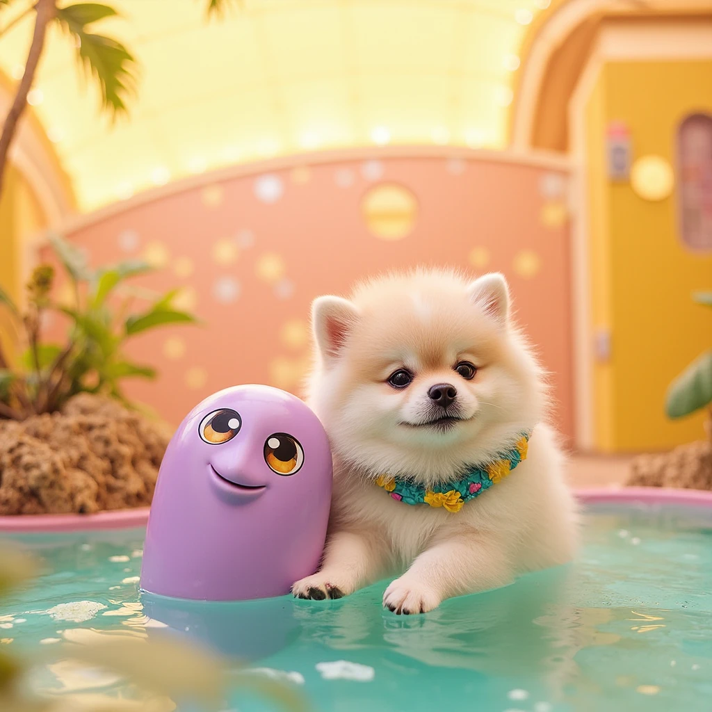 Cute  Pixar style round blue red Pomeranian babyttle oute ears, happy laughter, purple water spirit big eyes, with light green fairy color rose sea, yellow background, sunlight down, fairy tale world, HD Dinis, super details, wearing a beautiful garland, playing with daddy in the amusement park,