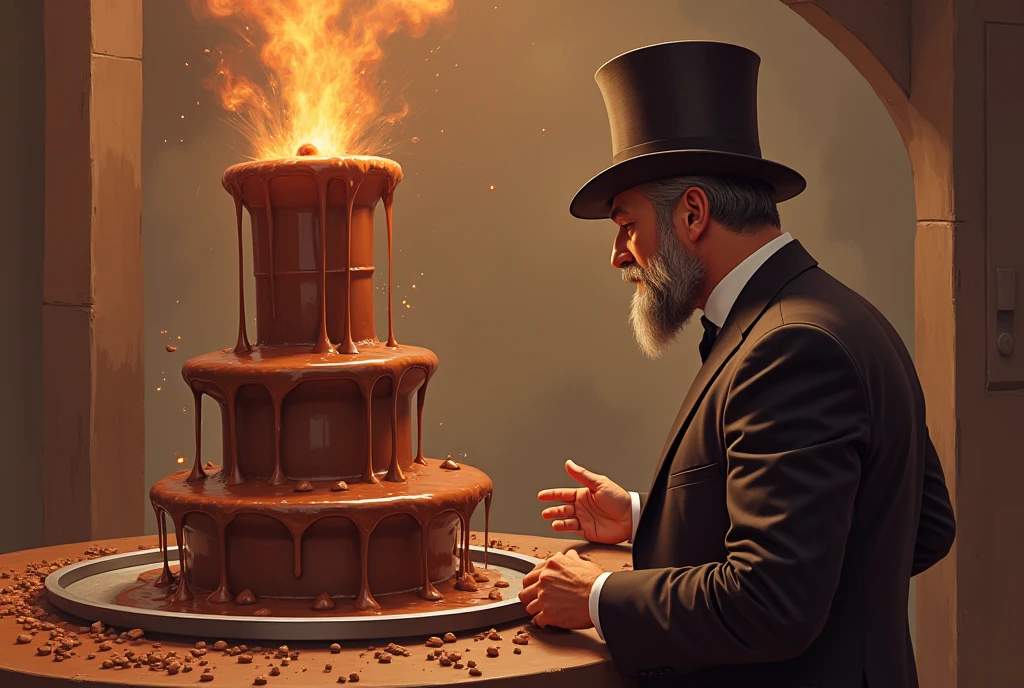 (masterpiece:1.2, UHD, best quality,  highres icon), Chocolate Factory ,  chocolate fountain ,  fountain is erupting ,  chocolate magma blowing high, Chocolate spurts high, Surprised ren ,  factory manager in a tailcoat in a silk hat 