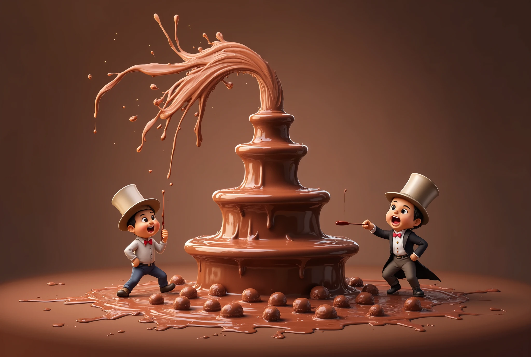 (masterpiece:1.2, UHD, best quality,  highres icon), Chocolate Factory ,  chocolate fountain ,  fountain is erupting ,  chocolate magma blowing high, Chocolate spurts high, Surprised ren ,  factory manager in a tailcoat in a silk hat 