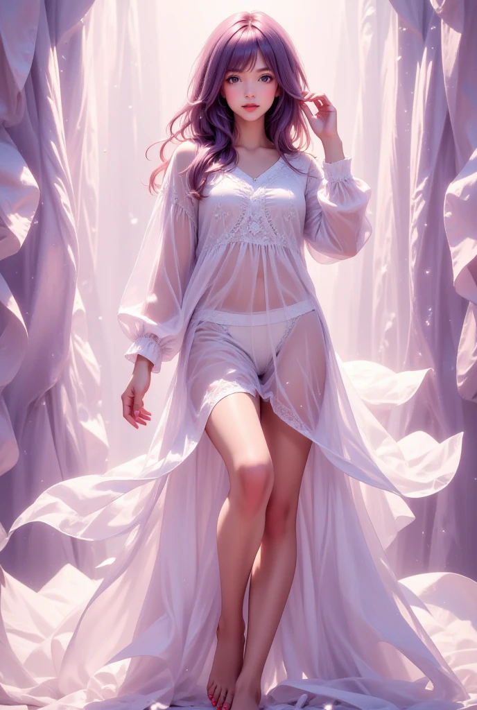 (masterpiece, best quality:1.2), A long-legged beauty with long silver-purple hair and white underwear, Full body photo of a beautiful girl, dark eyes, long eyelashes, long legs, wearing a translucent gauze nightgown outside a white underwear, facing the camera with one leg in front and one behind, standing on tiptoe Standing on tiptoes, crossing legs left and right, playing with hair with one hand, looking at the camera with a shy expression, real-life full-body photo, best qualityher legs bent to the same side, her knees staggered back and forth, one hand under the pillow and the other on her leg, side sleeping position, bird's-eye view, Full body photo, real person, realistic style, best quality, portrait, solo