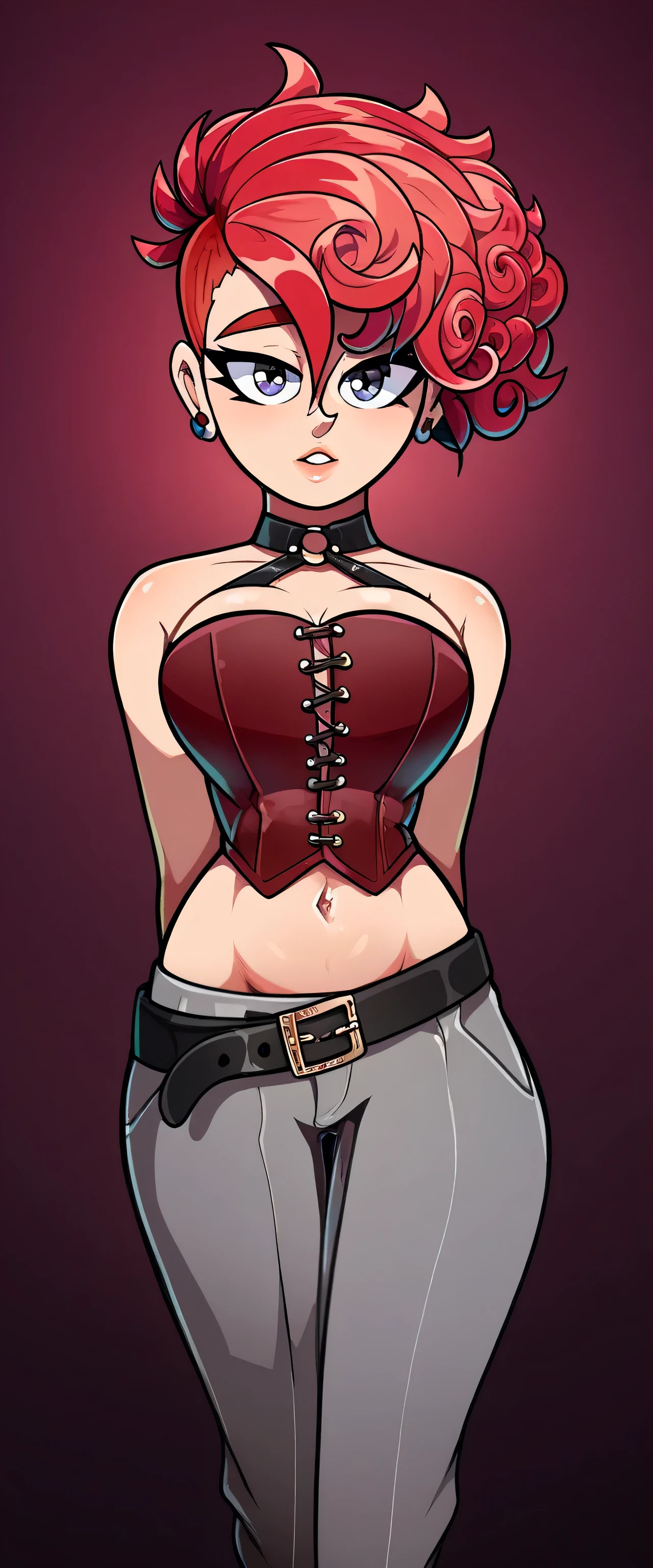 A beautiful woman big breasted Bella sexy sexy sexy red hair wavy shiny curly long straight her eye light red long eyelash dresses red corset top shows navel and dark gray pants black belt black heel gold ear earring