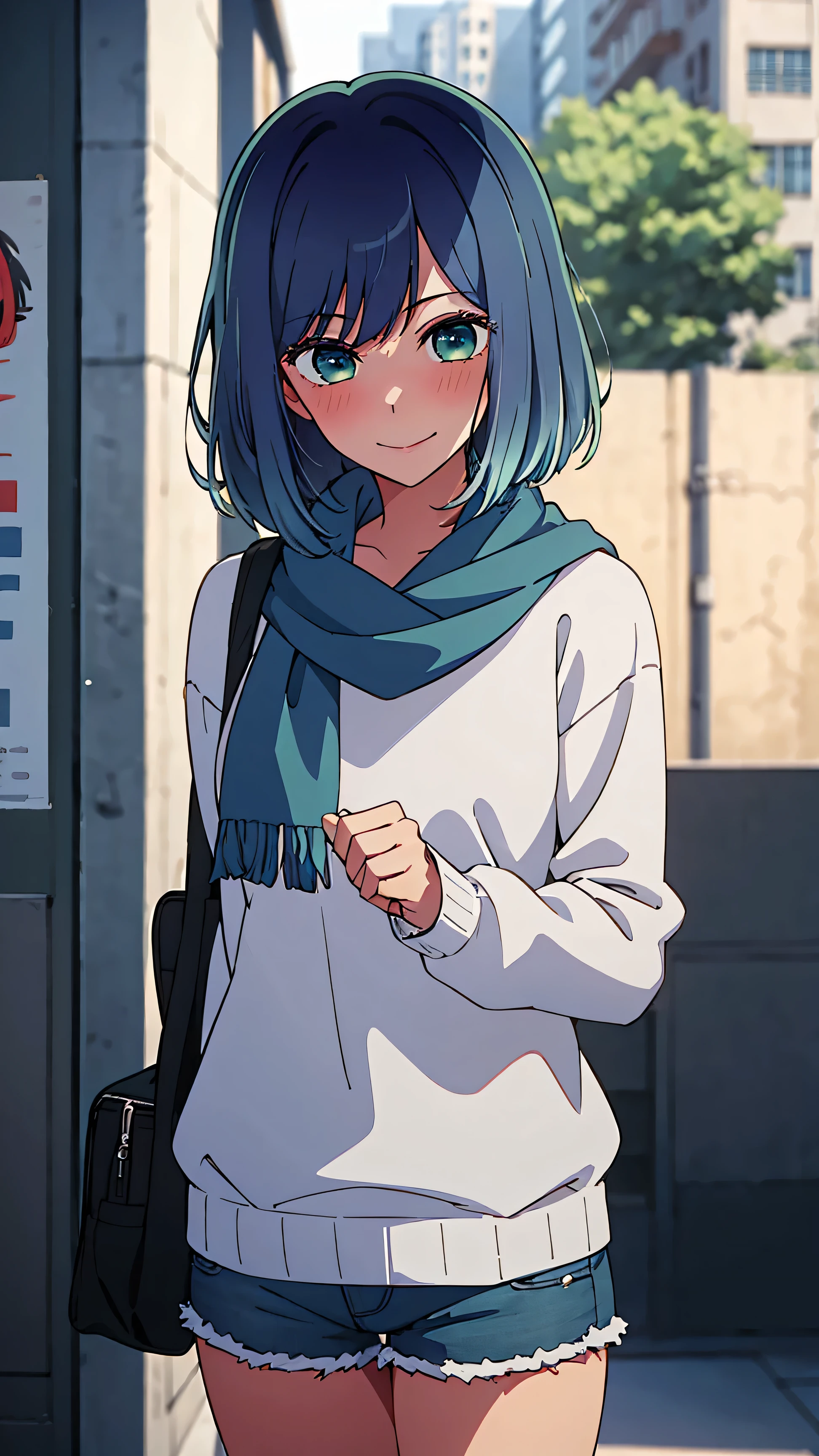 masterpiece, best quality, 1 girl, alone, smile, blushing, beautiful, white sweater, blue shorts, blue scarf, blue hair, short hair, looking at viewer, green eyes, short hair, faded hair, blue eyes, background theater