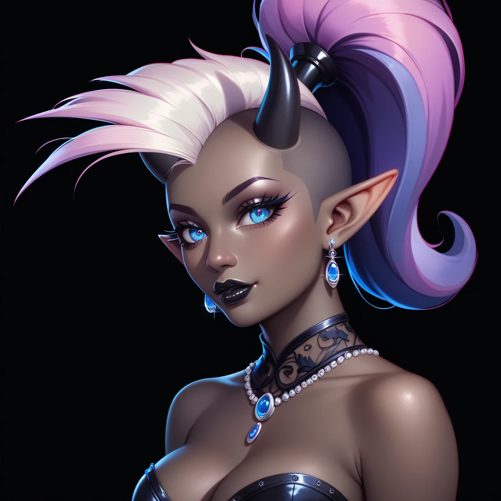 score_9, score_8_up, score_7_up, ((Masterpiece)), ((highres)), ((1girl, solo)), Random poses, beautifully detailed succubus girl, silk ((white mohawk w/ponytail)), defined elf ears with ear guages, defined eyes, pastel iris, long eye lashes, defined nose, black lipstick, curvy, (((Black skin))), black demon horns, breasts, night sky, pastel gothic style, gothic style art, gothic asthetic, (((black background))), waist shot
