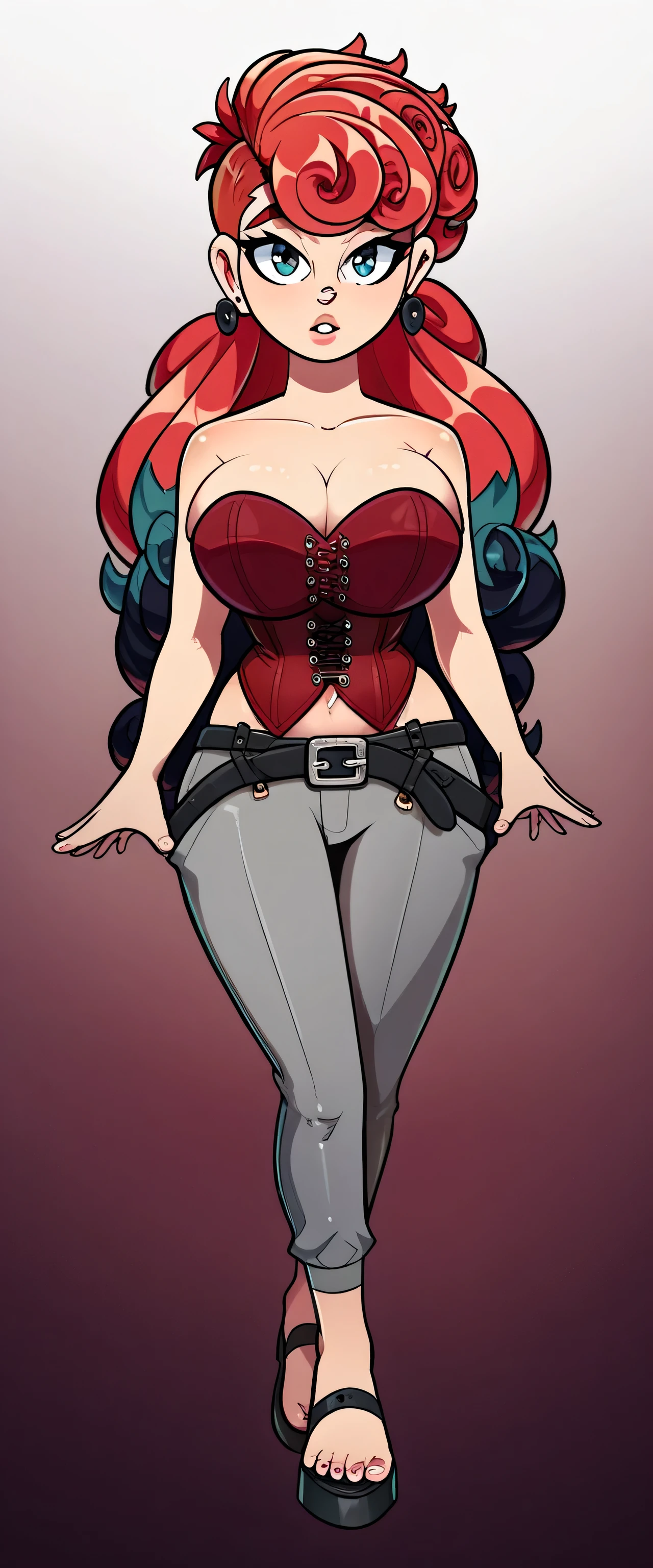 A beautiful woman big breasted Bella sexy sexy sexy red hair wavy shiny curly long straight her eye light red long eyelash dresses red corset top shows navel and dark gray pants black belt black heel gold ear earring