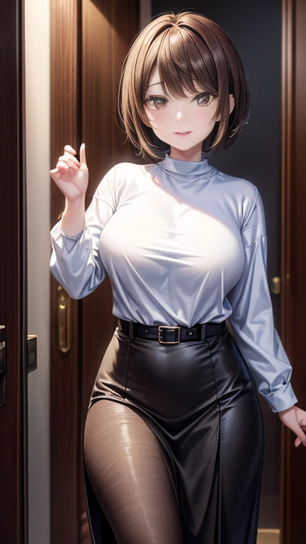 (UHD, masterpiece, anatomically correct, high details, best quality, 8k)、 sharp focus 、 Beautiful professional lighting 、( elegant housewife )、((( 1 woman)))、 big smiles 、Asymmetrical bob cut hair、 black hair、Long sleeve T-shirt、 long skirt with belt、Picture standing at the entrance of a bedroom 、Beautiful curves of the body、 Picture taken from a random angle 、 anatomically correct hands、 random poses 、Brown eyes、 beautiful eyes、 finely depicted eyes 、