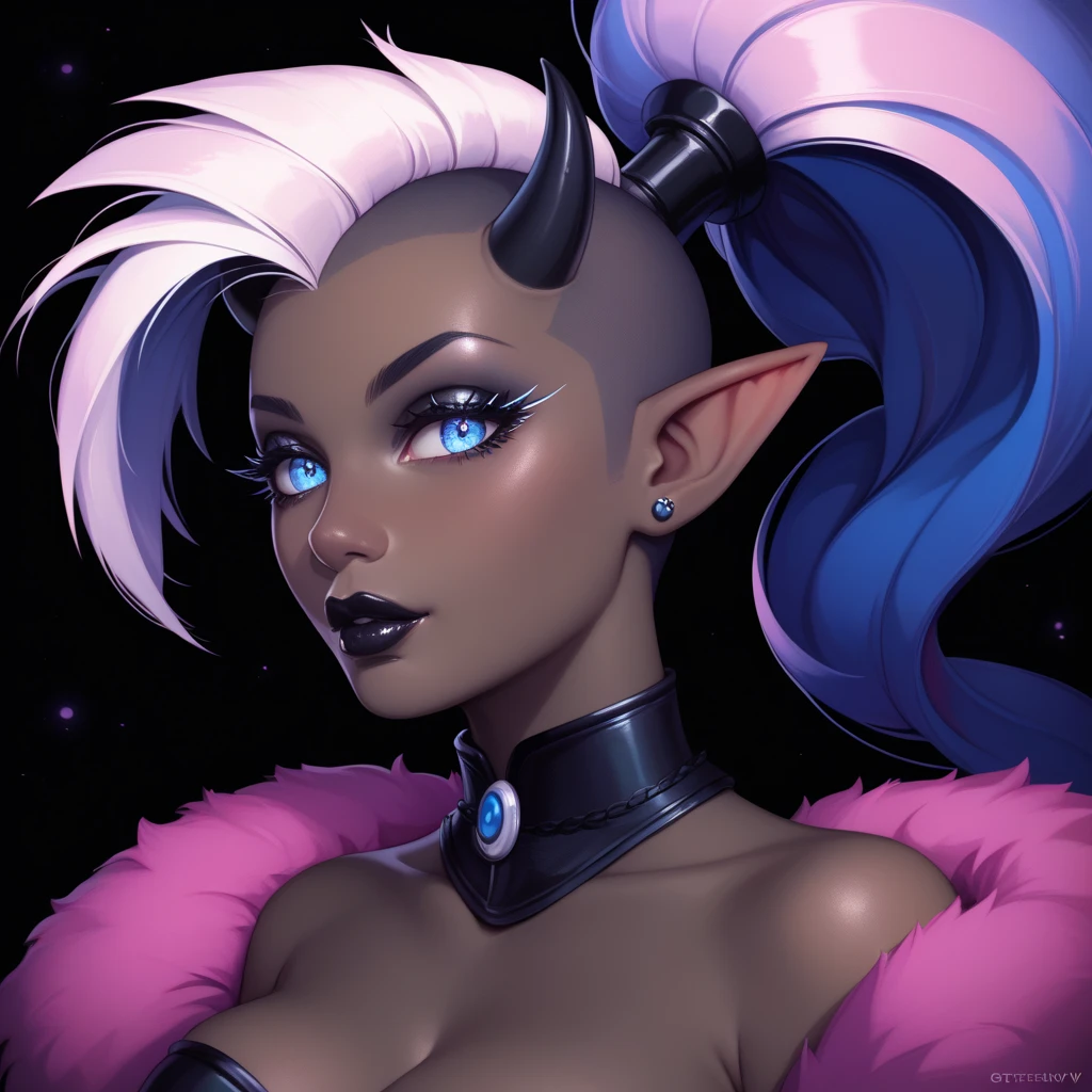 score_9, score_8_up, score_7_up, ((Masterpiece)), ((highres)), ((1girl, solo)), Random poses, beautifully detailed succubus girl, silk ((white mohawk w/ponytail)), defined elf ears with ear guages, defined eyes, pastel iris, long eye lashes, defined nose, black lipstick, curvy, (((Black skin))), black demon horns, breasts, night sky, pastel gothic style, gothic style art, gothic asthetic, (((black background))), (waist shot)
