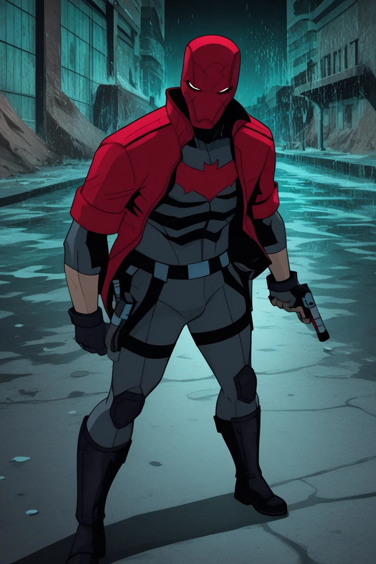 “Red Hood stands in the rain on a dimly lit Gotham street, his imposing figure framed by the shadows of a crumbling alley. His crimson helmet gleams faintly, with glowing white eyes radiating an eerie intensity. His armored suit is a blend of black, dark red, and gunmetal gray, with reinforced plates and a weathered leather trench coat draping over his shoulders. The trench coat has subtle red accents and a faint bat emblem embossed on the back. Dual pistols rest holstered at his hips, a collapsible katana is strapped across his back, and his gloved hands emanate faint wisps of shadow. His boots are rugged and tactical, splashed with muddy rainwater, and his stance exudes an aura of deadly precision and restrained fury. In the background, faint neon signs flicker amidst the gloom of Gotham’s towering, decrepit skyline.”