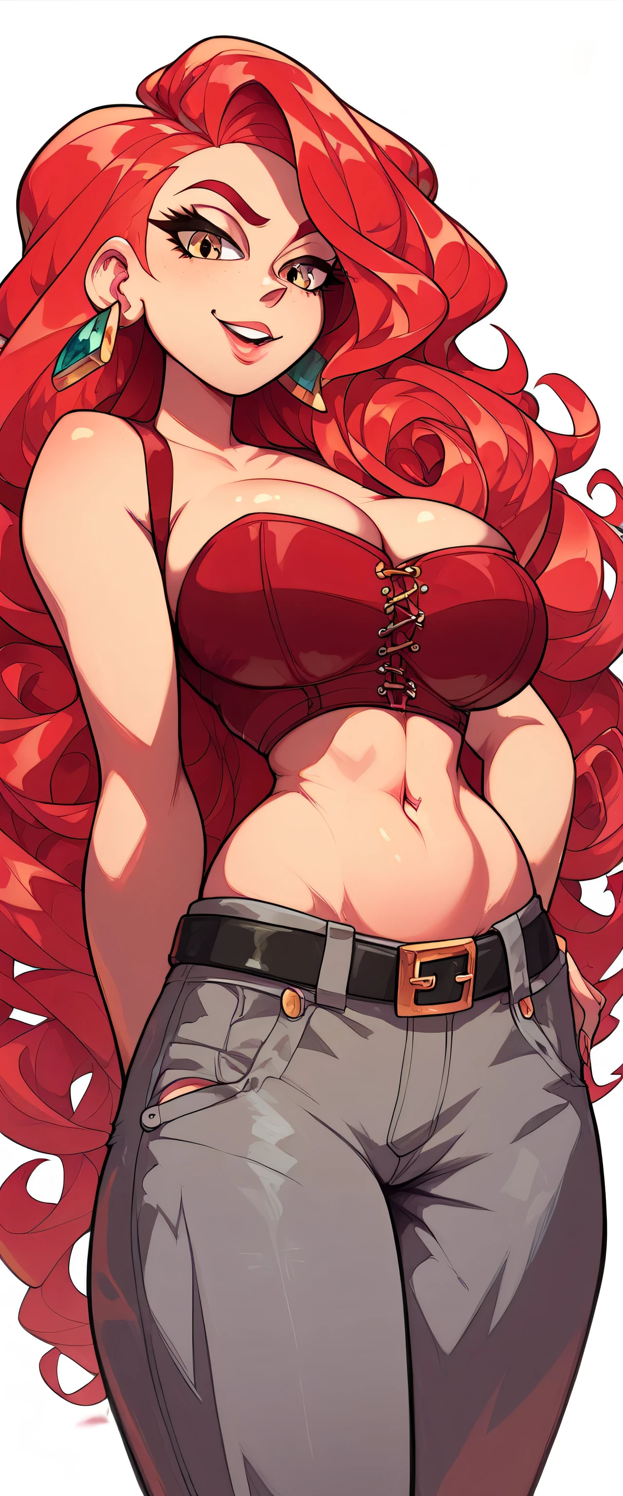 a woman big breast tall huge happy sexy beauty tenderness wavy red hair her light red eye big black eyelash dresses bright red corset top shows navel and gray pants wearing black belt brown boot born uterus anus attractive seducing