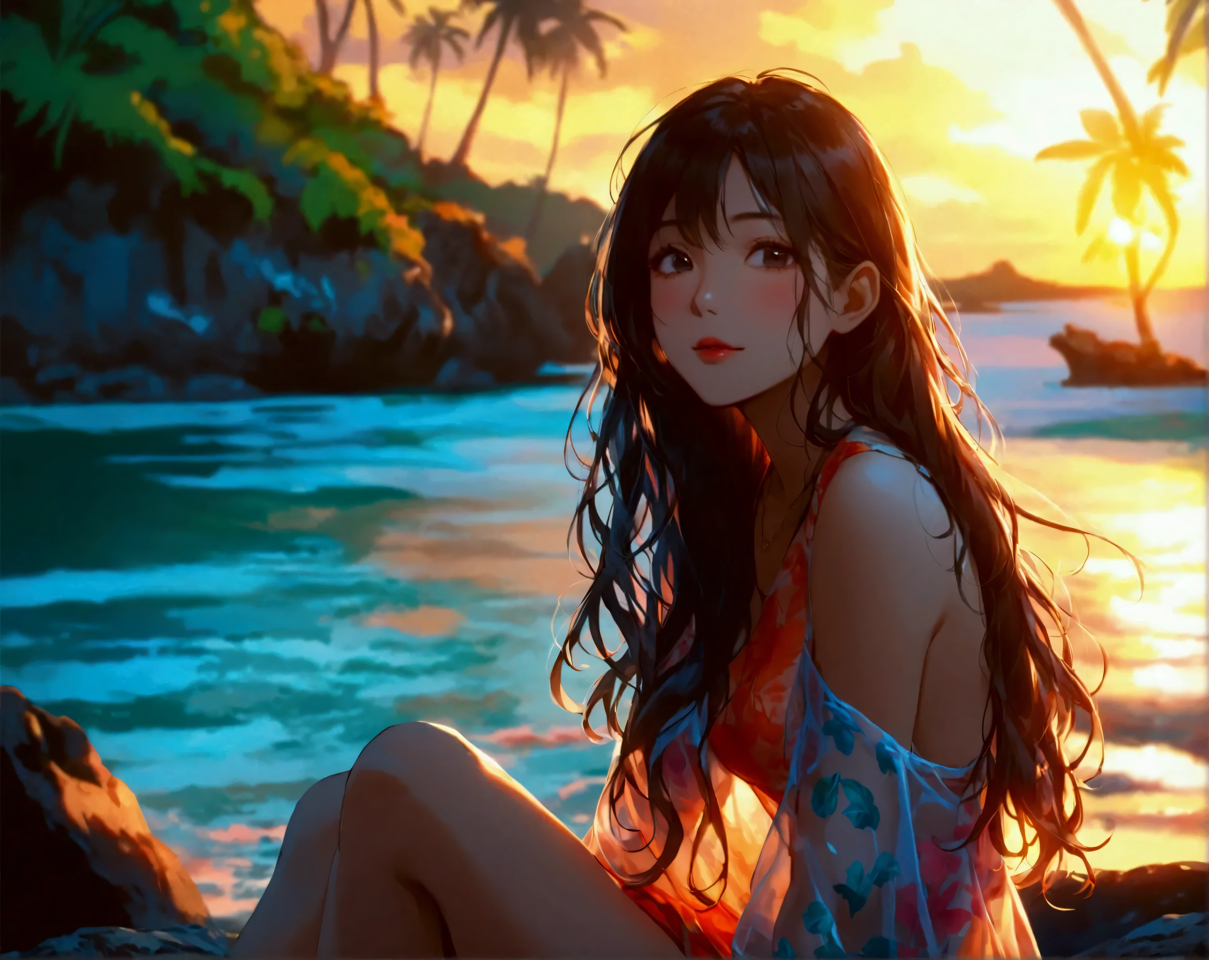 Illustrate a full body snap shot of a cheerful Asian woman sitting on rock and showing her legs at the sunset. She is in her twenties and has a diamond face, pointed nose, high cheek structure, long silky black hair, black eyes, fair complexity and glossy pink lips. She is dressed in a see through shirt in marine print. Summer tangled in her hair and the touch of her blush strengthens the carefree joy in the beautiful tropical nature. The surrounding features a blue lagoon in harmony with tropical flora. ((wide medium shot)), ((wide view)), summer nature, natural makeup, expressionless,