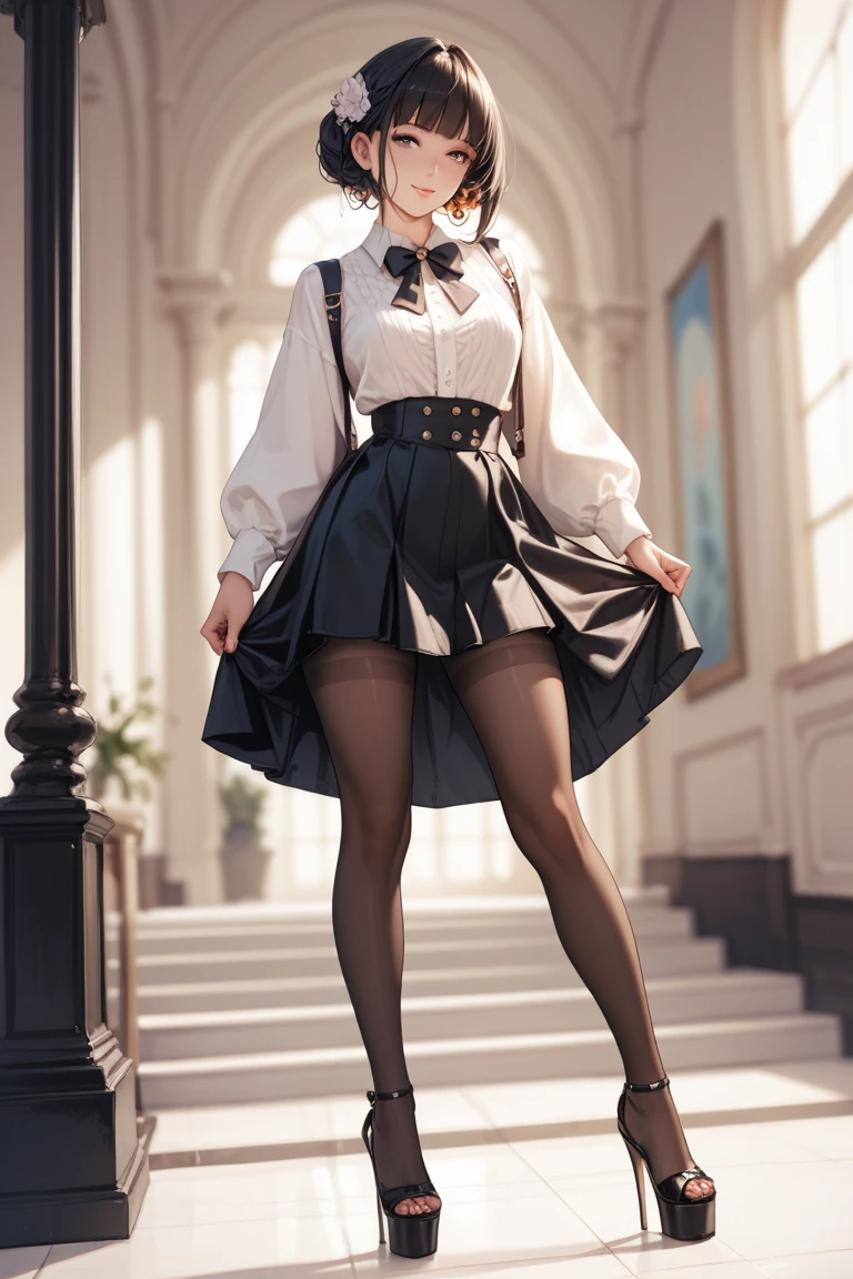 Black Skirt, suspenders, Brown hair Gray eyes, Garter belt on the legs, Tight clothing, internal Armpit sweat Tight look Medium chest