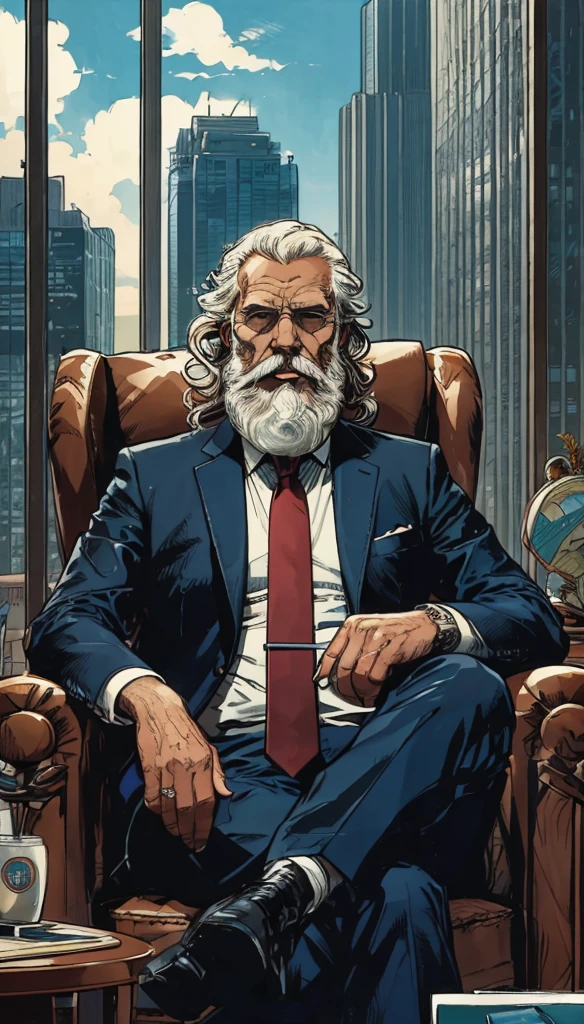 Create an image graphic novel style of King Solomon, an old man with white beard, he is white comic style, dressed in a navy blue suit and sky blue tie Hugo Boss style as if he were a senior executive of a corporation, his palace is a skyscraper, he is sitting in the main chair. In a very luxurious and modern office, he is looking at the camera with a face that shows serenity, kindness with great wisdom, justice and compassion. Comic style, 18k, High resolution, Extreme details, Extreme texture details, graphic novel style 