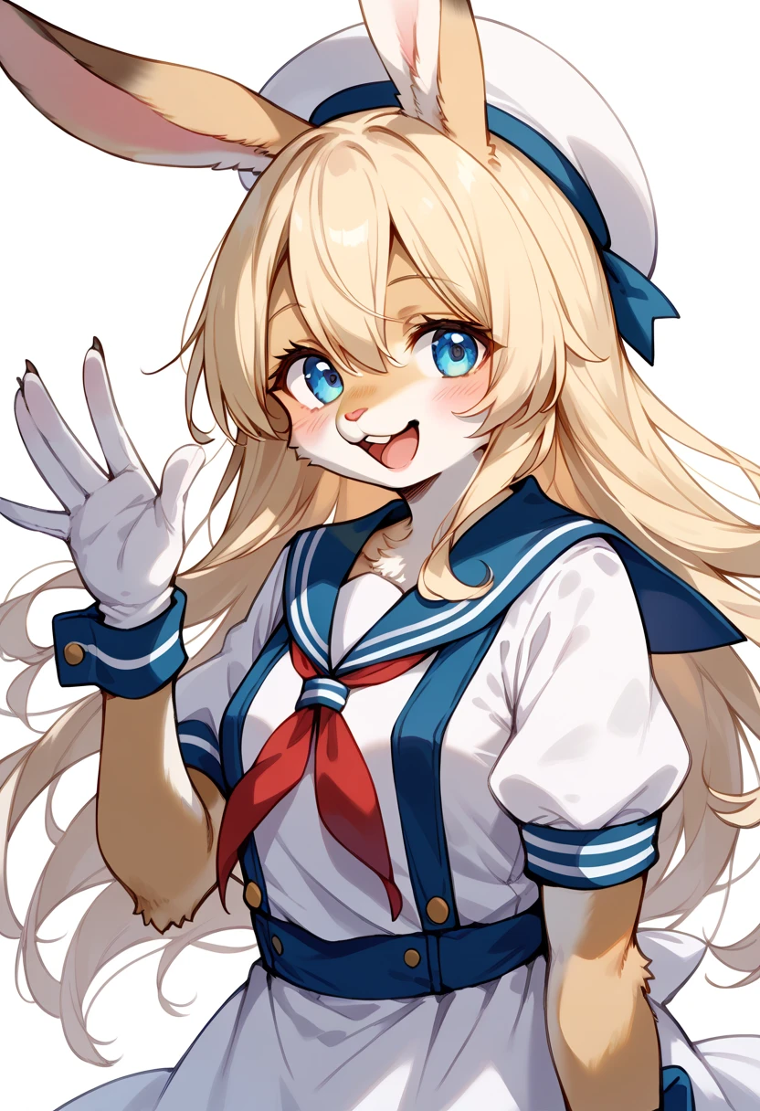 score_9, score_8_up, score_7_up, score_6_up, score_5_up, score_4_up, source_anime, best quality, amazing quality, very aesthetic, absurdres, 1girl, (furry, kemono:1.3), rabbit, rabbit girl, rabbit ears, blue eyes, blonde hair, long hair, sailor collar, open mouth, blush, hair between eyes, hat, gloves, dress, white dress, short sleeves, sailor hat, sailor dress, pinafore dress, puffy short sleeves, puffy sleeves, sleeveless, sleeveless dress, looking at viewer, standing, waving, solo, white background, simple background, two-tone background, upper body,  username, kancolle, white gloves, white headwear, blue sailor collar, one-hour drawing challenge, smile, teeth, upper teeth only, white wristband,