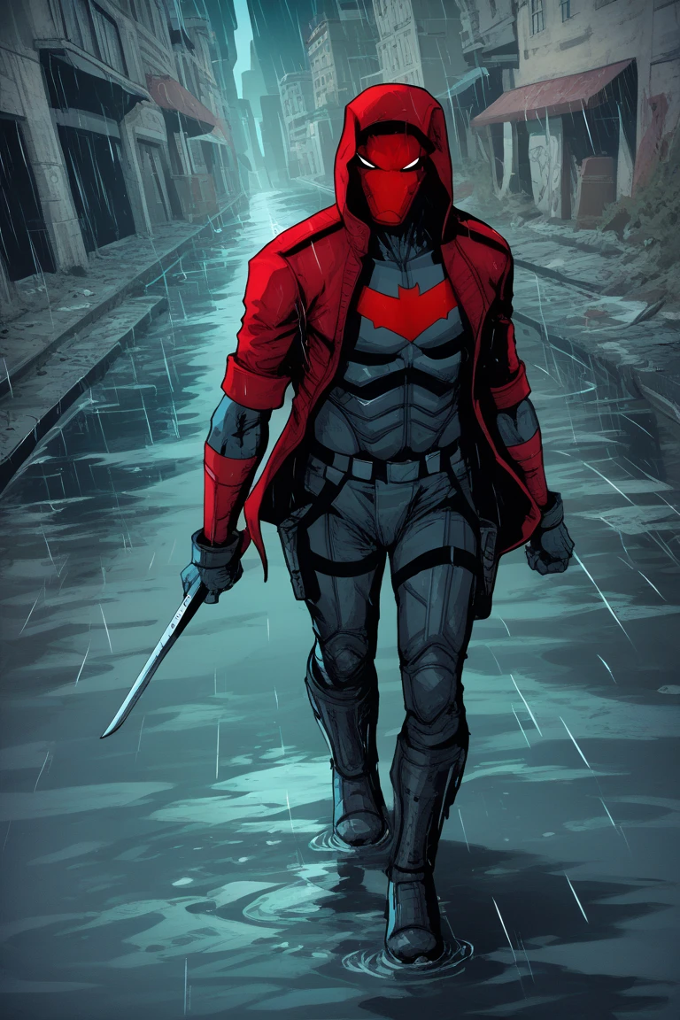 “Red Hood stands in the rain on a dimly lit Gotham street, his imposing figure framed by the shadows of a crumbling alley. His crimson helmet gleams faintly, with glowing white eyes radiating an eerie intensity. His armored suit is a blend of black, dark red, and gunmetal gray, with reinforced plates and a weathered leather trench coat draping over his shoulders. The trench coat has subtle red accents and a faint bat emblem embossed on the back. Dual pistols rest holstered at his hips, a collapsible katana is strapped across his back, and his gloved hands emanate faint wisps of shadow. His boots are rugged and tactical, splashed with muddy rainwater, and his stance exudes an aura of deadly precision and restrained fury. In the background, faint neon signs flicker amidst the gloom of Gotham’s towering, decrepit skyline.”