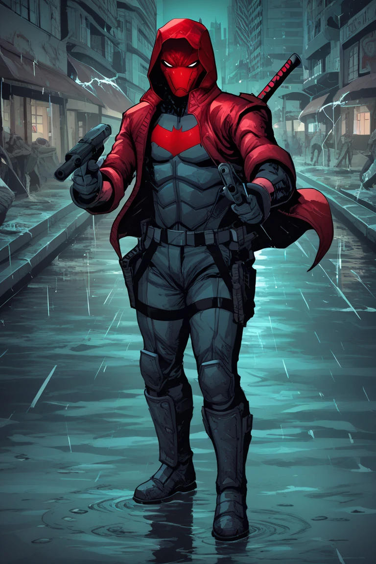 “Red Hood stands in the rain on a dimly lit Gotham street, his imposing figure framed by the shadows of a crumbling alley. His crimson helmet gleams faintly, with glowing white eyes radiating an eerie intensity. His armored suit is a blend of black, dark red, and gunmetal gray, with reinforced plates and a weathered leather trench coat draping over his shoulders. The trench coat has subtle red accents and a faint bat emblem embossed on the back. Dual pistols rest holstered at his hips, a collapsible katana is strapped across his back, and his gloved hands emanate faint wisps of shadow. His boots are rugged and tactical, splashed with muddy rainwater, and his stance exudes an aura of deadly precision and restrained fury. In the background, faint neon signs flicker amidst the gloom of Gotham’s towering, decrepit skyline.”