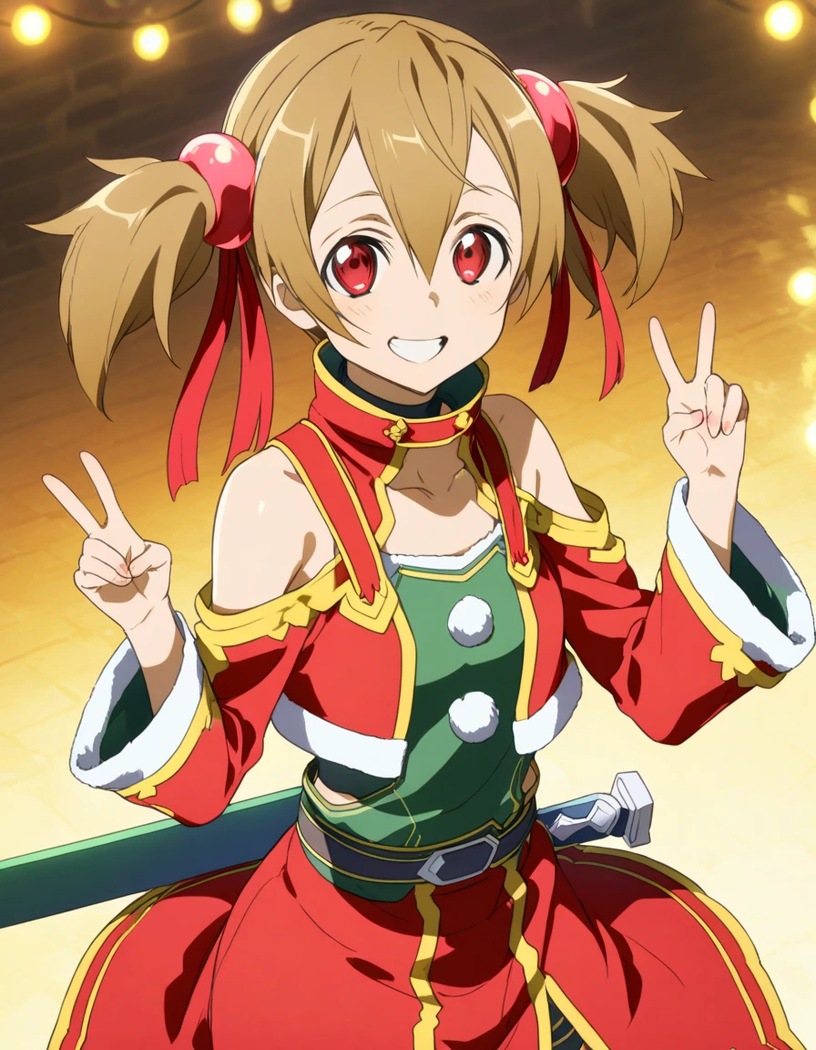 Silica, sword art online,  short hair, smile, greeting with  "peace" (2 fingers raised),  Christmas costume , happy.