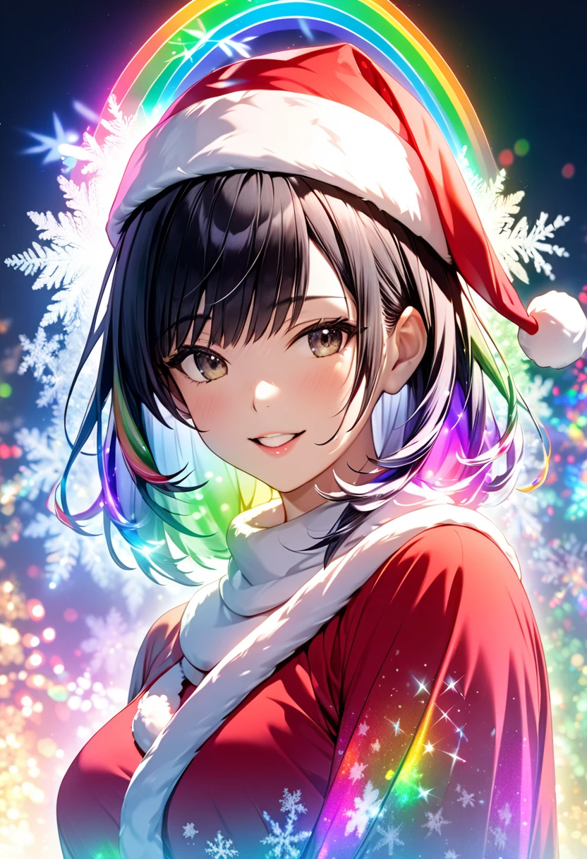 Black-haired adult woman"Haruna" , Beautiful figure of Santa Claus  , background: rainbow illuminations(( Double Exposure :1.5 ,LED Magic Effects :2.0 ,backgroundぼかし))