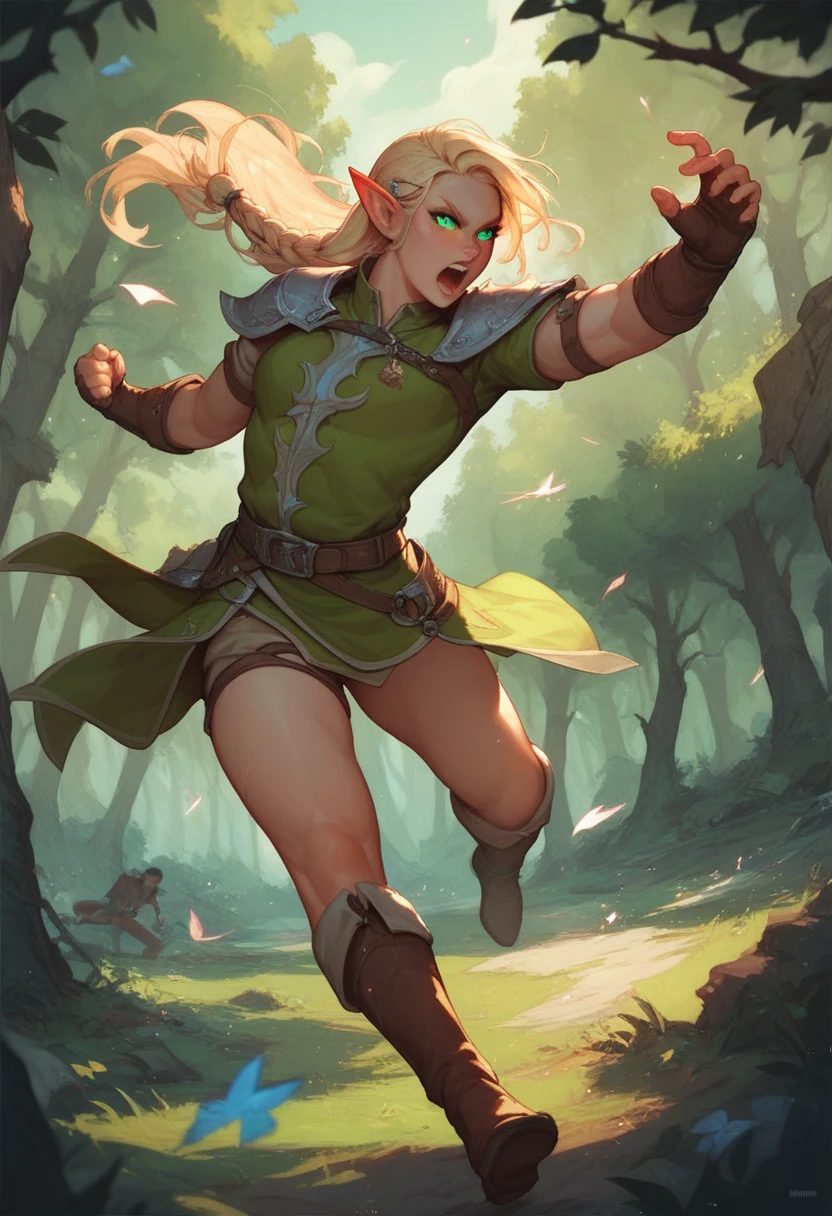 saria, green hair, headband, green shirt, green shorts, belt, standingspreadeagle, spreading legs, spreading arms, bound,cuffs, legs tied, looking at viewer, angry, serious, blush, 
outside, forest, grass, tree, autumn, high quality, masterpiece,  <lora:standingspreadeagle2:.8>  <lora:saria_v1:.8>