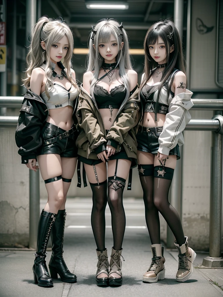 (Three Women,3 girls:1.5),(Side view:1.1)、(Beautiful skin, lips and nose:1.4)、(Smiling with teeth showing:1.3),(Fashion Model:1.5)、(Gothic Lolita delicately decorated battle uniform:1.5)、(Moss green off-shoulder hoodie:1.5)、(Black, silver and white shorts:1.4)、(denim garter belt:1.5)、(Black and camouflage knee socks:1.3)、(Skull Silver Accessories:1.5)、(Lace collar:1.3)、(Brown Skin Belt:1.4)、(Brown boots:1.2)、(Underwear has polka dots:1.4)、23 years old、((Highest quality、In 8K、masterpiece:1.3))、Sharp focus:1.2、(Layered Cut、Huge boobs:1.1),Beautiful woman with perfect figure:1.4、(Dancing vigorously:1.3)、Slender Abs:1.2、Highly detailed face and skin texture、Detailed eyes、double eyelid,(Bob Hair:1.3)、(Black brown hair:1.3)、Gravure idol、(The background is a gorgeous fashion show:1.3)、(Slim Body:1.2),(Make your legs thinner:1.4),(clavicle:1.1)