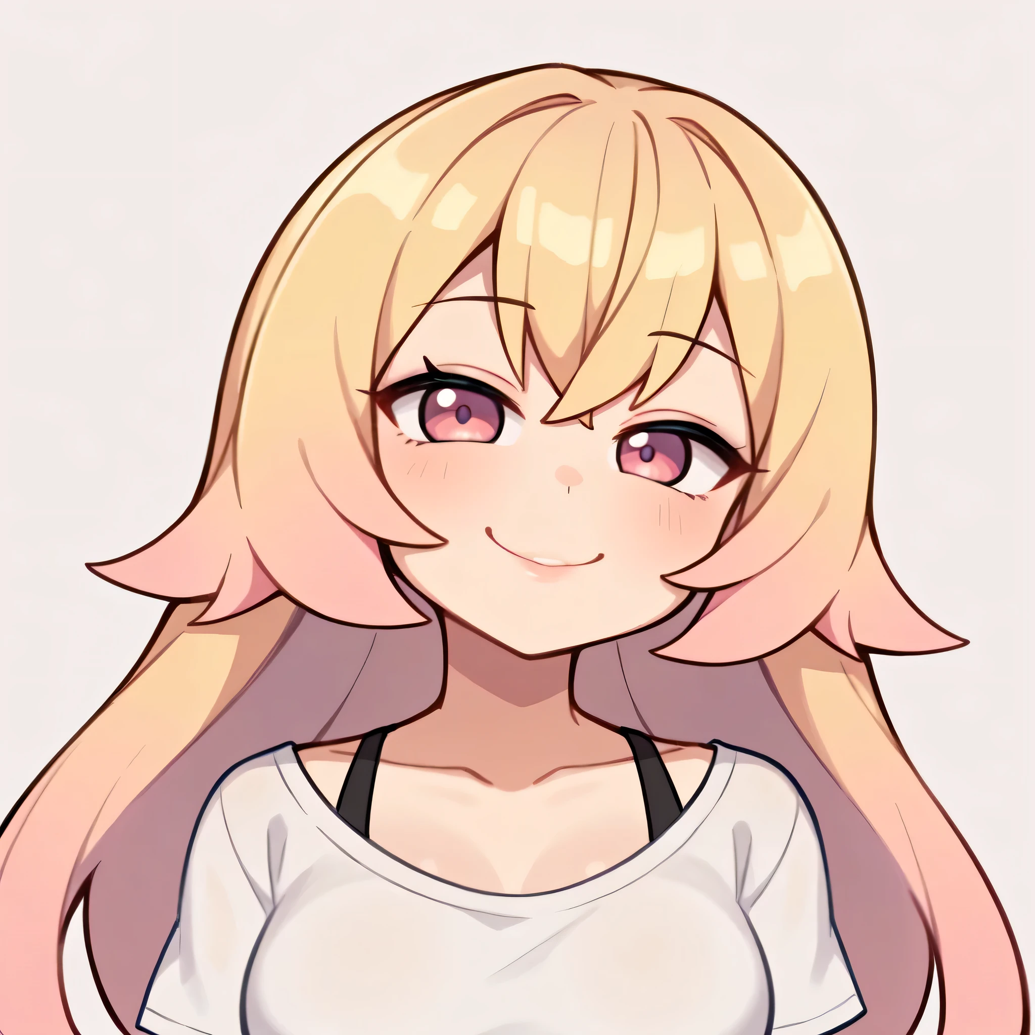 score_9, score_8_up, score_7_up, 1girl, (closeup)), smug, anime waifu, waifu, ((portrait)), illustration, ((2d)), ((curvy)), ((twitch emote)), (((cute face))), ((long hair)), bangs, blonde pink hair, ((blonde and pink hair)), ((blonde hair)), gorgeous pink eyes, big eyes, anime eyes, eyeliner, long lashes, soft and full lips, jewelry, crop top, (Jelly Art Style:0.2), ((anime style:0.8)), (((white background))), twitch emote, big tits, smug