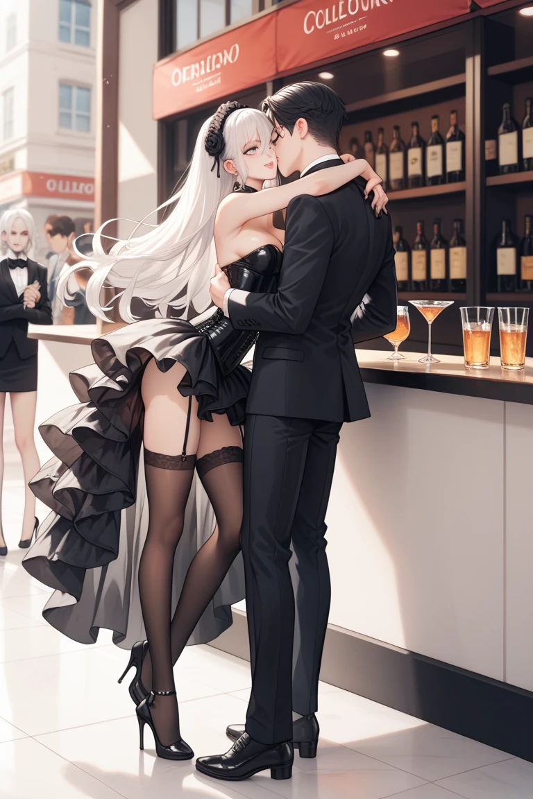 Bachata Couple Dance,Стильный наряд от кутюр в стиле винтажного аниме 90-х, surrealism, Akira Style. detailed line art. fine details. stockings on the legs, black hair, highheels, Long crumbs, Iltra 8K