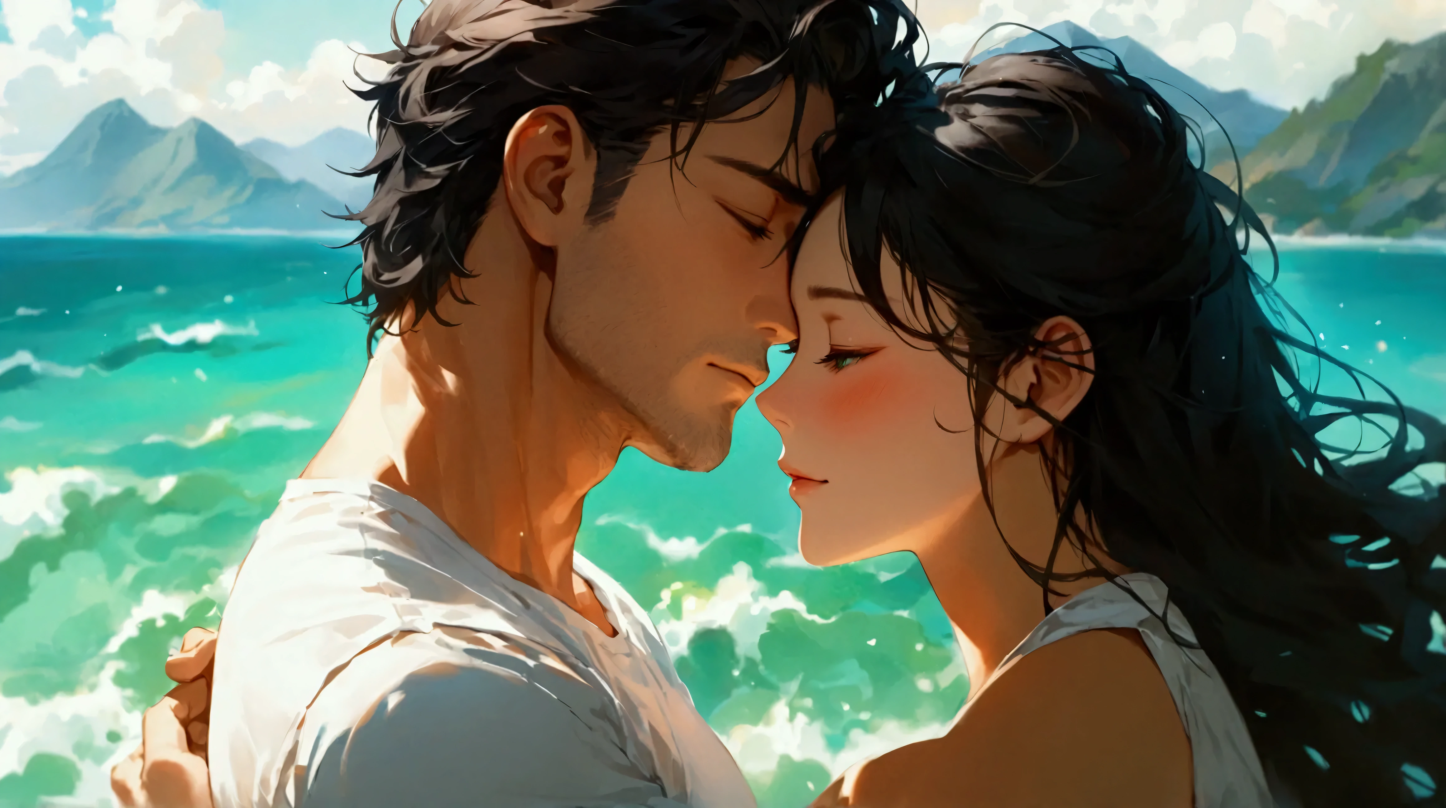 Portray the most dramatic scene of all time. In this scene, there is an international couple, featuring an European man in his thirties hugs his Asian girlfriend. He has a square face with green eyes and a muscular physique, coiffed light brown hair. He is dressed in a white t-shirt with beach trunks. She has round black eyes, oval face, low cheek bones, long silky black hair and she wears a high-waist skirt in marine print. The touch of blush shows their happiness and strengthens this romantic scene of warmth, love and carefree joy. The background features a turquoise ocean with the outline of mountains far away. height difference couple, age difference couple, (couple shot), beautiful eyes, ((medium wide shot)), (expressionless), ((from above)), (closed eyes), ((light brown hair)), (wide view), ((full body)), (looking away), very fine, best quality, add_detail:1, add_detail:0, add_detail:0.5