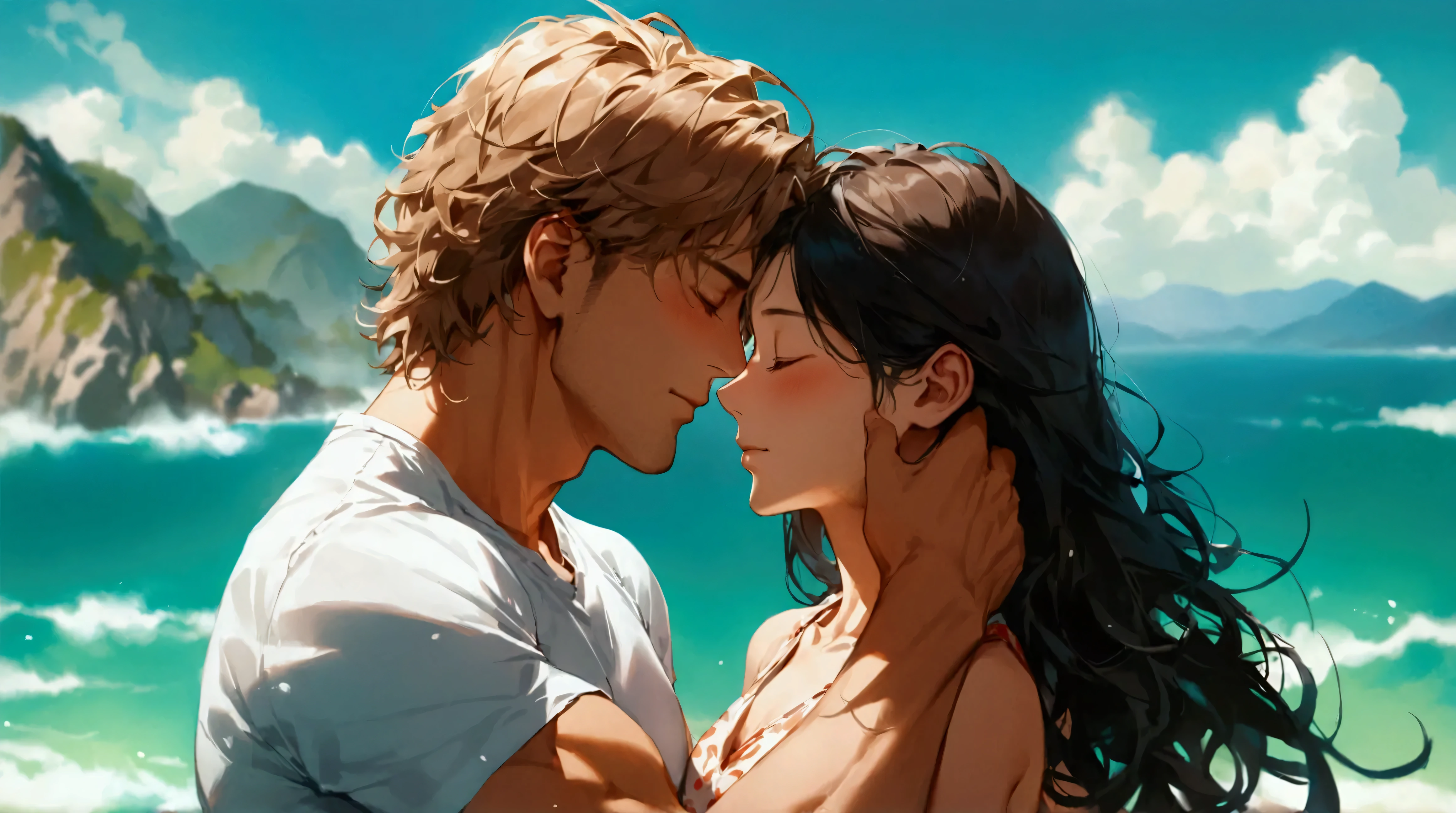 Portray the most dramatic scene of all time. In this scene, there is an international couple, featuring an European man in his thirties hugs his beloved Asian girlfriend. He has a square face with and a muscular physique, coiffed light brown hair. He is dressed in a white t-shirt with beach trunks. She has an oval face, low cheek bones, long silky black hair and she wears a high-waist skirt in marine print. The touch of blush shows their happiness and strengthens this romantic scene of warmth, love and carefree joy. The background features a turquoise ocean with the outline of mountains far away. height difference couple, age difference couple, (couple shot), ((medium wide shot)), (expressionless), ((from above)), ((closed eyes)), ((light brown hair)), (wide view), ((full body)), very fine, best quality, add_detail:1, add_detail:0, add_detail:0.5