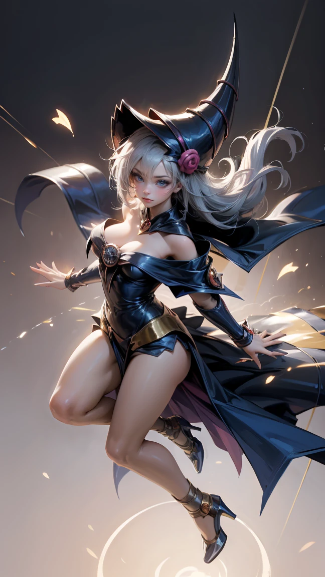 ( Masterpiece:1.2), ( The best quality :1.2), perfect lighting,  Dark Wizard Girl casting a spell, In battle.  floating in the air , medium breasts visible, transparent neckline, blue robe, large hat,  from above, Flashes, Yugioh game, The magic of the heart.  LIGHTS OF THE HEART , Romantic Heart. She wears heels. She has heels. Wear heels 