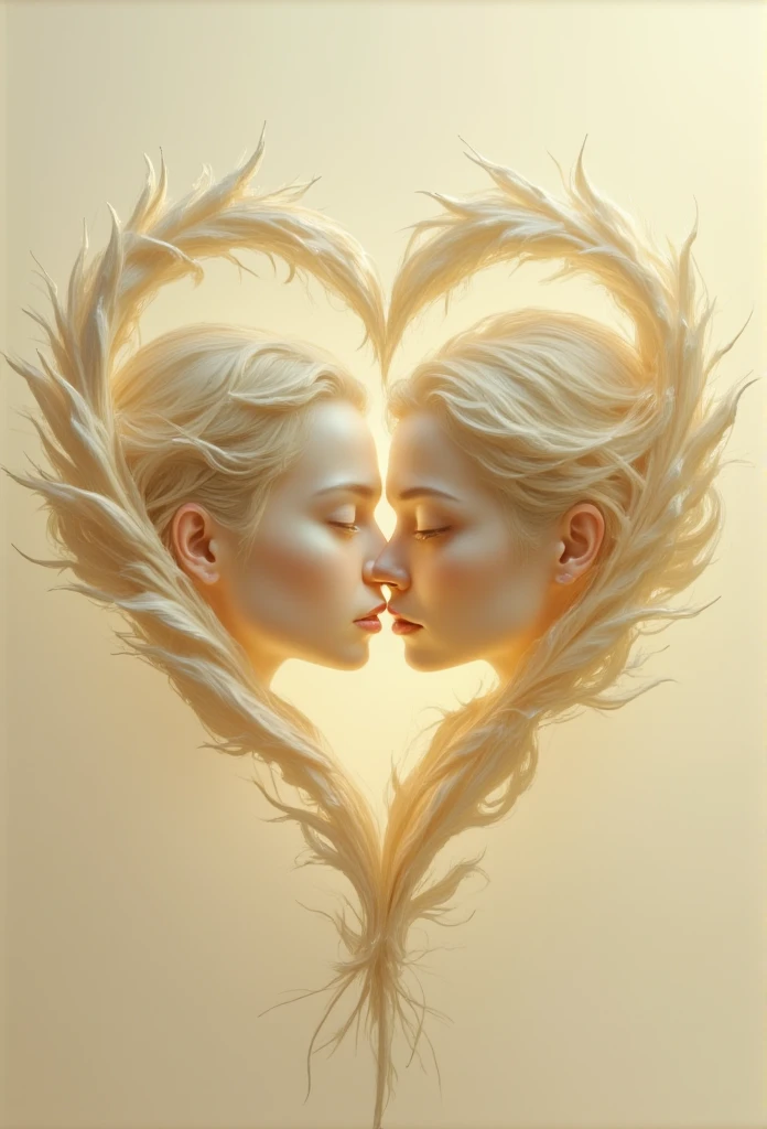 ((masterpiece)) ((photography)) ((Highest quality)) The image is a digital artwork or photo manipulation featuring two androgynous, almost transparent faces seemingly in the act of kissing. They are enveloped within a large light beige feather, with its delicate barbs forming a heart shape around them. The overall color palette is soft and pastel, ranging from light beige to cream, with diffused lighting creating a peaceful, dreamlike ambiance. There are no objects other than the faces and feather, enhancing the sense of fragility and intimacy. The mood is serene, poetic, and romantic, evoking lightness, softness, and a spiritual connection. The lack of precise details on the faces adds to the mystery and abstraction of the piece.