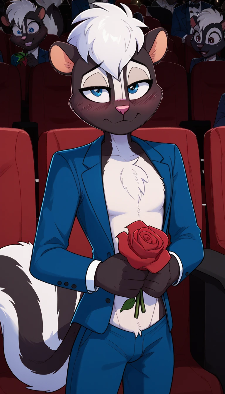 masterpiece, best quality, nervous expression, male, anthro, furry, black fur, fluffy fur, French striped skunk boy, gay furry, gay homophobic skunk, skunk ears, black nose, cute eyes, blue eyes, skunk tail, white hair, long stable hair, (white hair), solo, (theater), movie theater, detailed, big eyes, buff muscular chest, strong arms, blue tuxedo suit with blue tuxedo pants, holding a rose, shy, head tilt, adult (20 years), flat chest, buff thighs, half-closed eyes, blush, looking at the viewer, standing, (kilinah), light particles, score_9, score_8_up, score_7_up, score_6_up, score_5_up, score_4_up