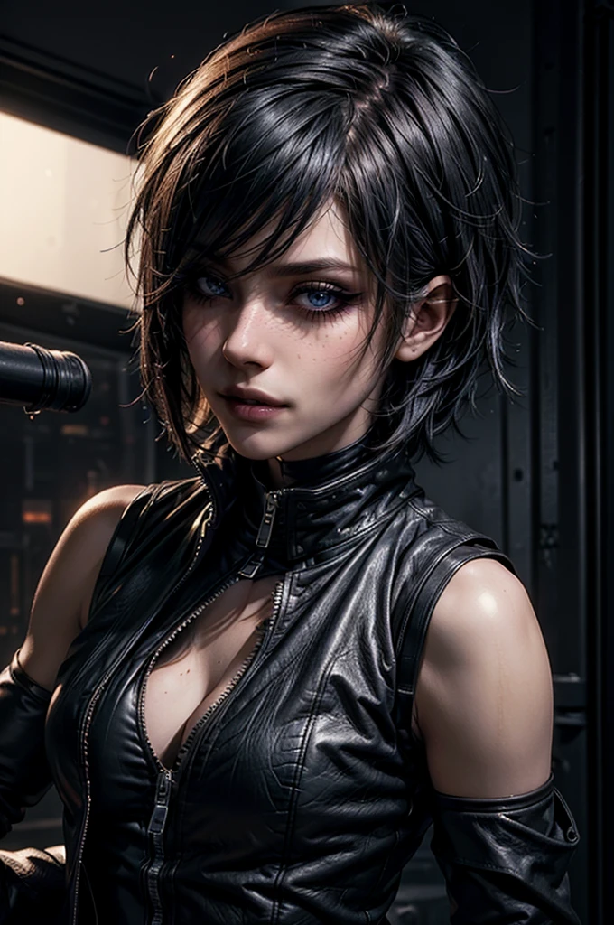 cinematic film still of  <lora:ladydmc v3:1>
ladydmc a woman with black nails and a black glove, MaryAnnArkham, smooth sharpness, very detailed image, cinematic style, detailed background, perfect style, perfection, Unreal Engine, 3d, realistic, realism, photorealism, hyperrealism, hyperrealistic, video game style, 3D computer graphics, Blender, 3ds Max, Maya, Cinema 4D, ZBrush, AutoCAD, LightWave 3D, Adobe Dimension, virtual reality, Unreal, real-time 3D, Epic Games style, Unreal Engine style, ladydmc style, 1girl, solo, looking at viewer, short hair, bangs, black hair, gloves, parted lips, teeth, artist name, hand up, fingerless gloves, nail polish, blurry, lips, eyelashes, watermark, portrait, black nails, web address, close-up, blue nails, freckles, nose, deviantart username, green eyes, flower, saliva, saliva trail, heterochromia eyes, closeup
, shallow depth of field, vignette, highly detailed, high budget, bokeh, cinemascope, moody, epic, gorgeous, film grain, grainy