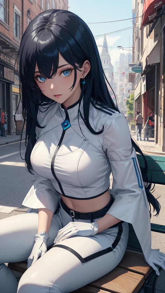 (Highly quality, masterpiece, detailed), city detailed scenario, city detailed background, solo, 1 woman, AeroMarvel, 1girl, solo, long hair, blue eyes, black hair, blue hair, white and light blue Leather cropped top, sleeves, white and light blue leather pants, White Gloves, sitting on a bench, beautiful eyes, Sexy pose