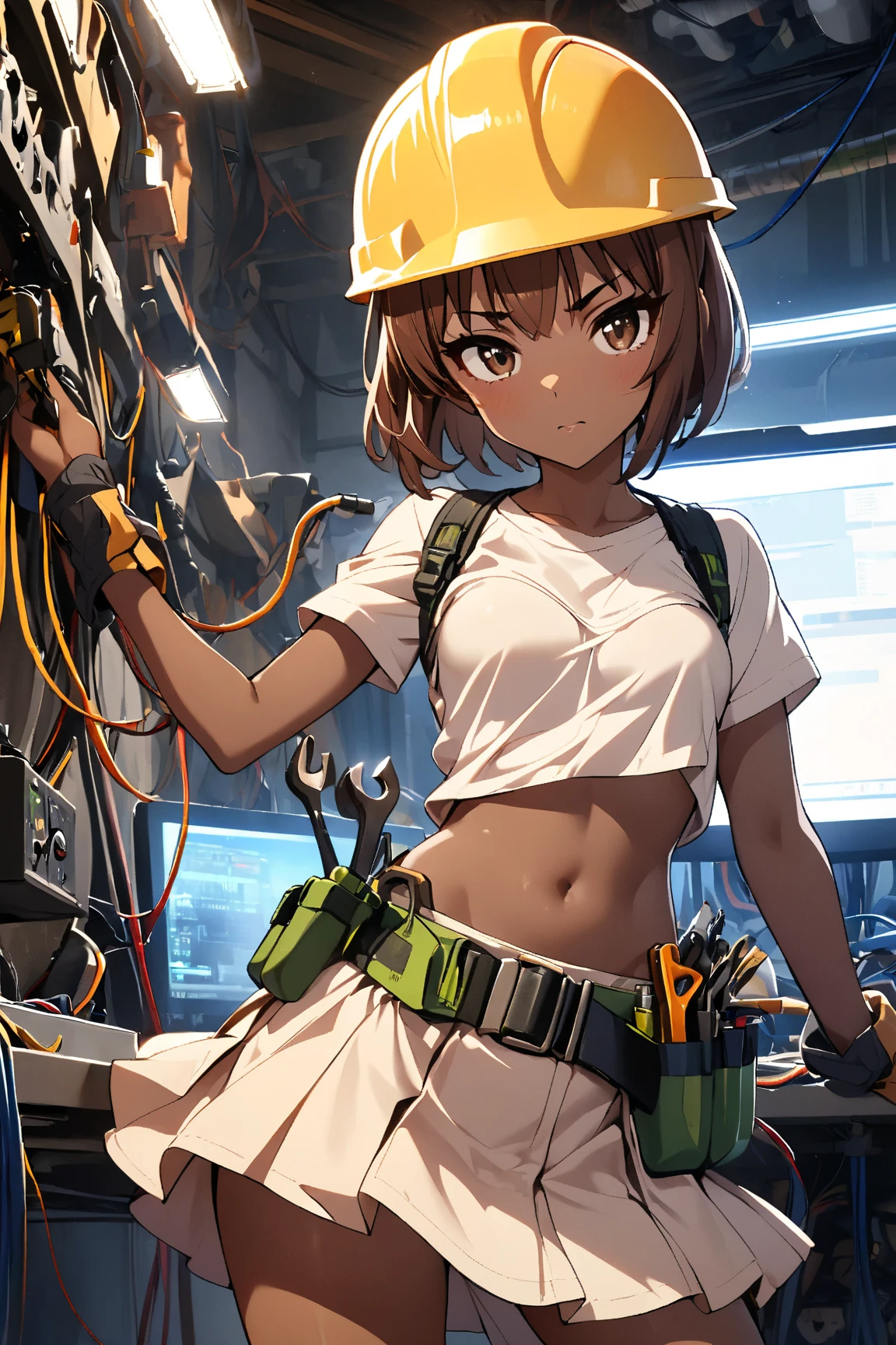  1 girl doing electrical work　,　I wear a lot of tools on my waist belt ,   glossy brown skin, small breasts,  Video 