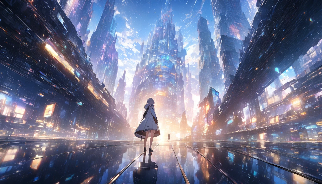 (anime)、(masterpiece:1.2),atmospheric perspective,lens flare、(Ultra-wide background with a focus on the girl)、Futuristic City、Girl standing on the roof、SF,(Close up of a girl)、Light production