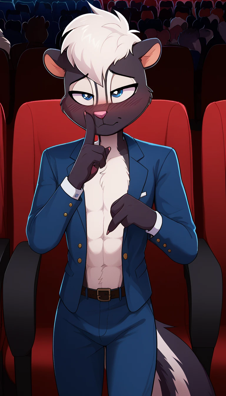 masterpiece, best quality, nervous expression, male, anthro, furry, black fur, fluffy fur, French striped skunk boy, gay furry, gay homophobic skunk, skunk ears, black nose, cute eyes, blue eyes, skunk tail, white hair, long stable hair, (white hair), solo, (theater), movie theater, detailed, big eyes, buff muscular chest, strong arms, blue tuxedo suit with blue tuxedo pants, shushing gesture, shy, head tilt, shushing, adult (20 years), flat chest, buff thighs, half-closed eyes, blush, looking at the viewer, standing, (kilinah), light particles, score_9, score_8_up, score_7_up, score_6_up, score_5_up, score_4_up